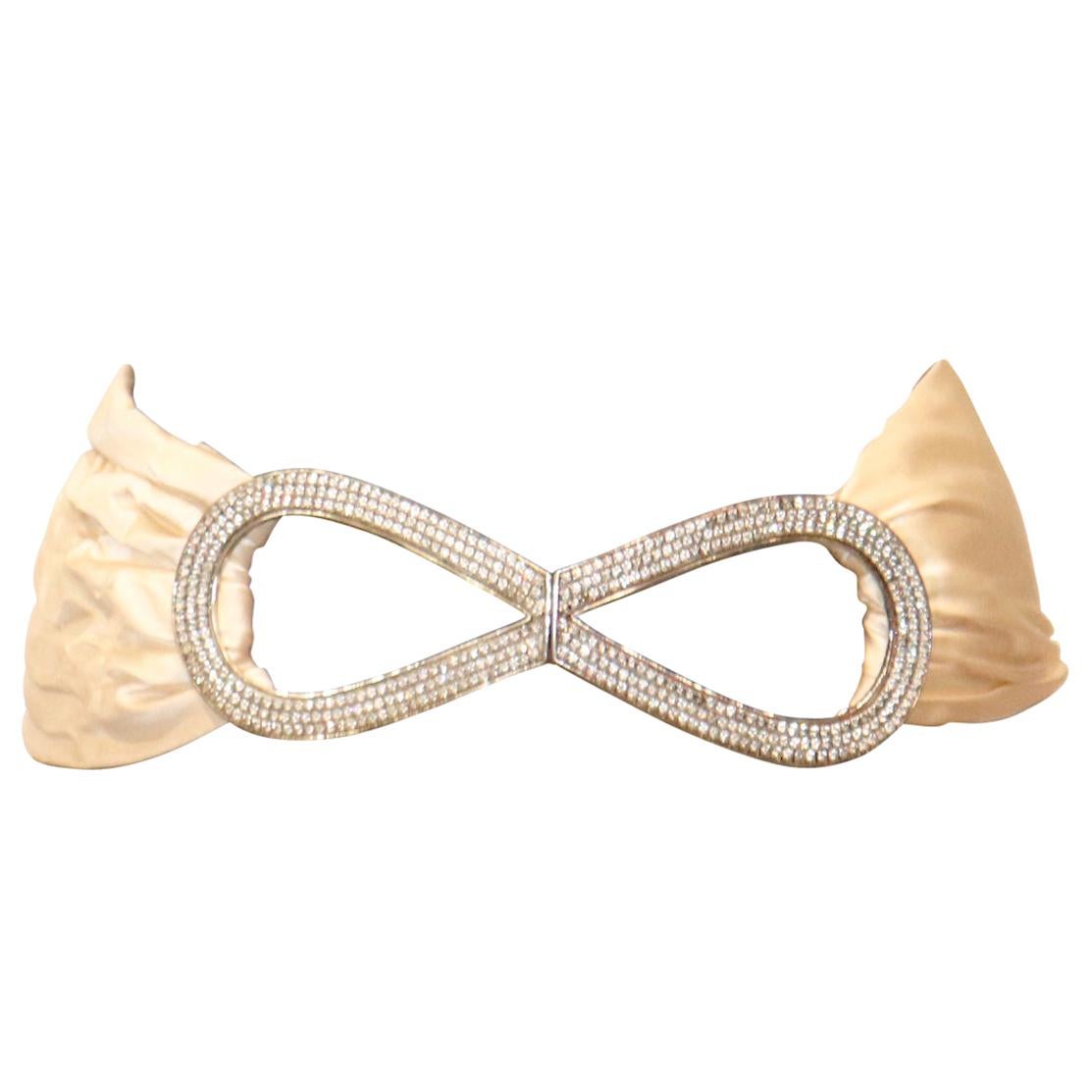Galanos Ivory Satin Wide Belt W/ Large Rhinestone Buckle For Sale