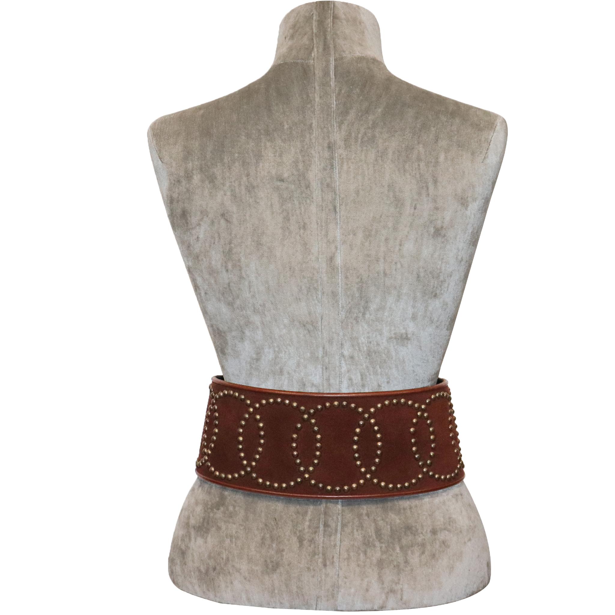 Marron Galanos - Grand ceinture large marron avec clous en bronze en vente