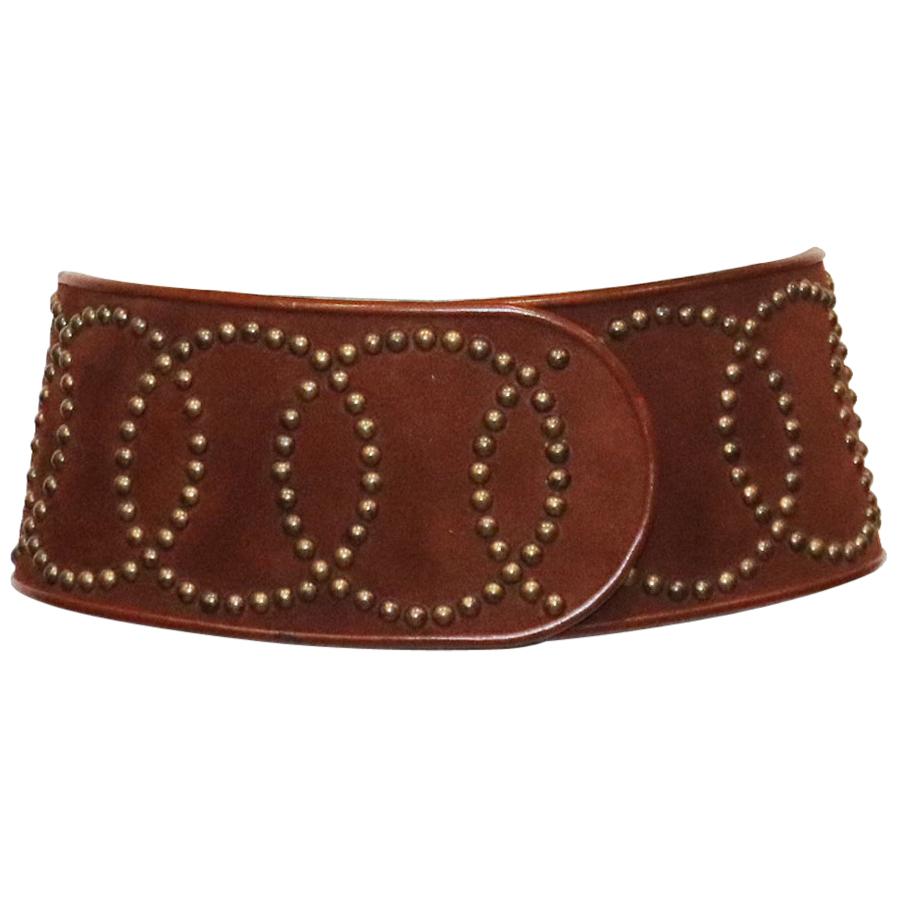 Galanos - Grand ceinture large marron avec clous en bronze en vente