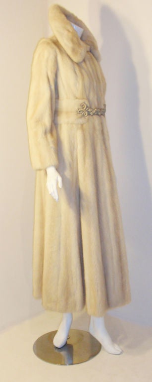 Galanos late 1960s full Length White Mink Coat with Toggle Self Belt In Excellent Condition For Sale In Los Angeles, CA
