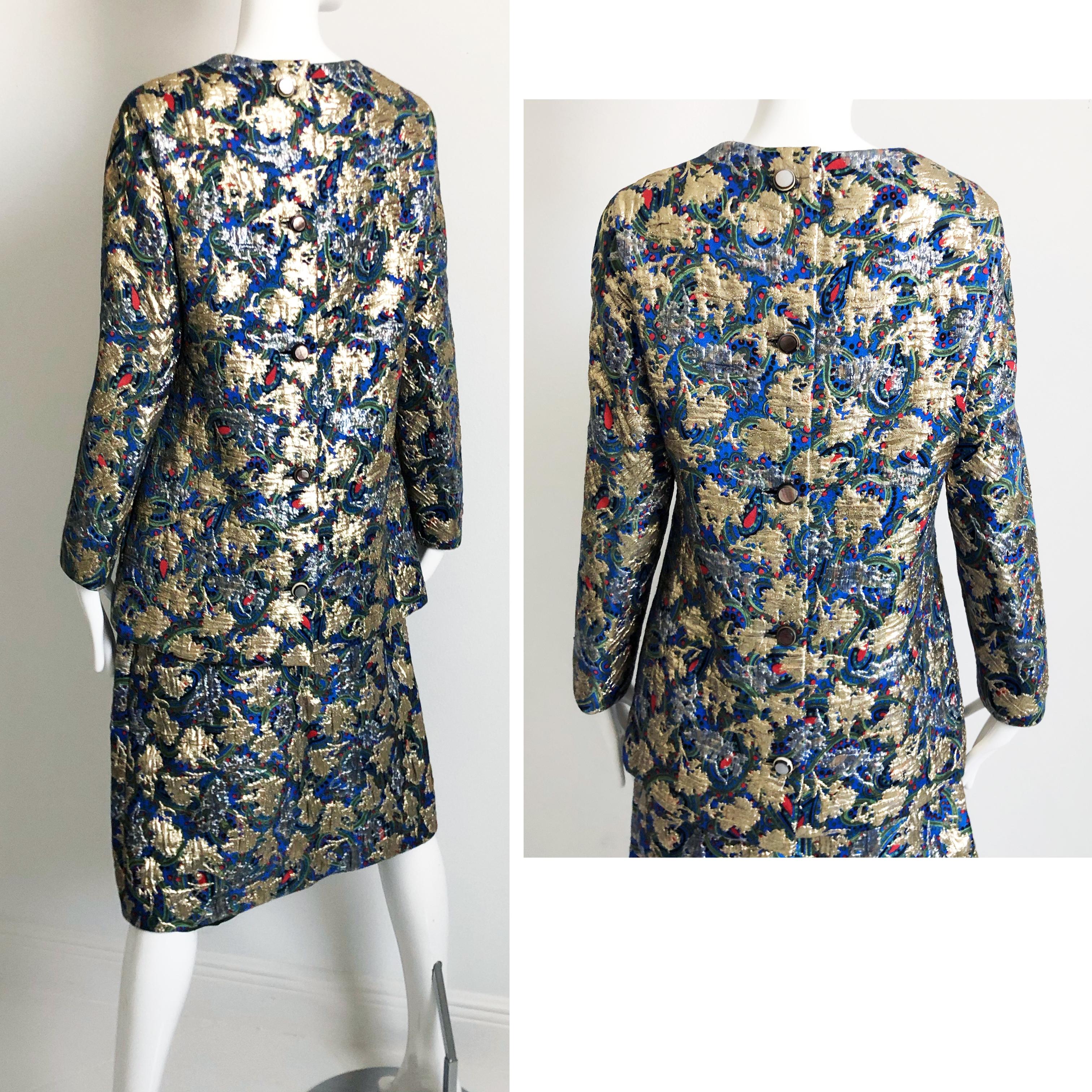 Galanos Metallic Brocade Suit 3pc Top, Long Vest and Skirt Vintage 60s Retro  For Sale 7