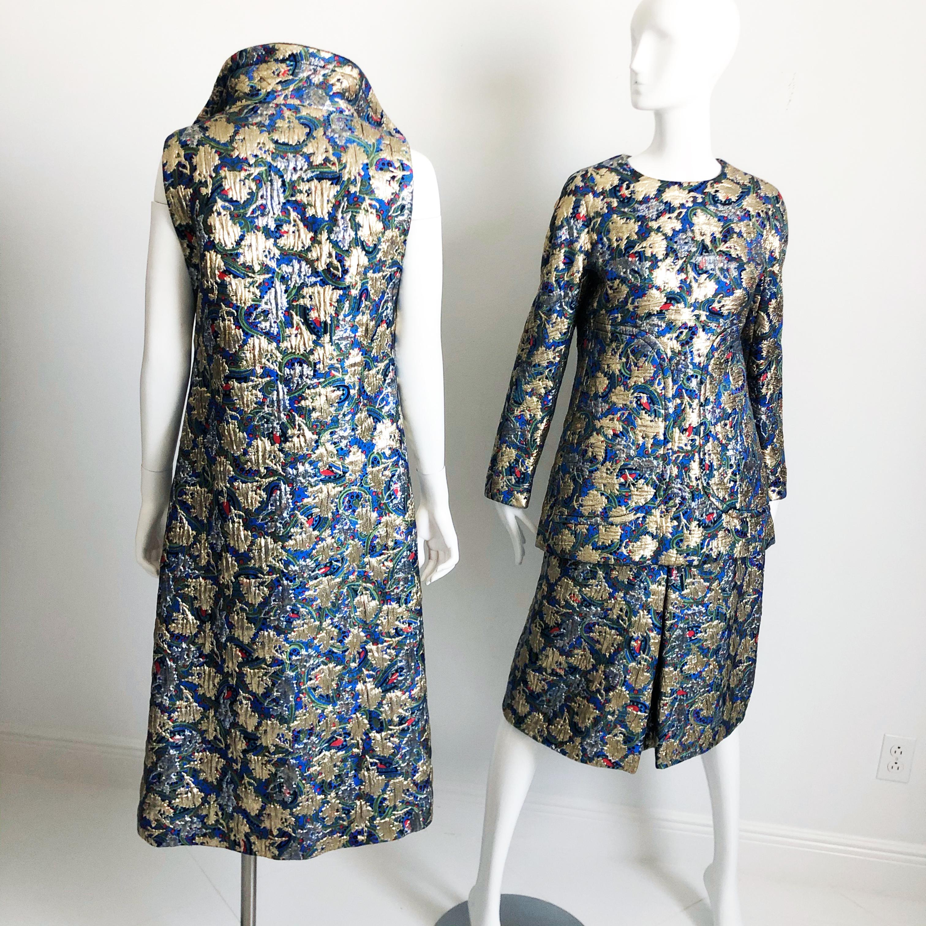 Galanos Metallic Brocade Suit 3pc Top, Long Vest and Skirt Vintage 60s Retro  For Sale 2