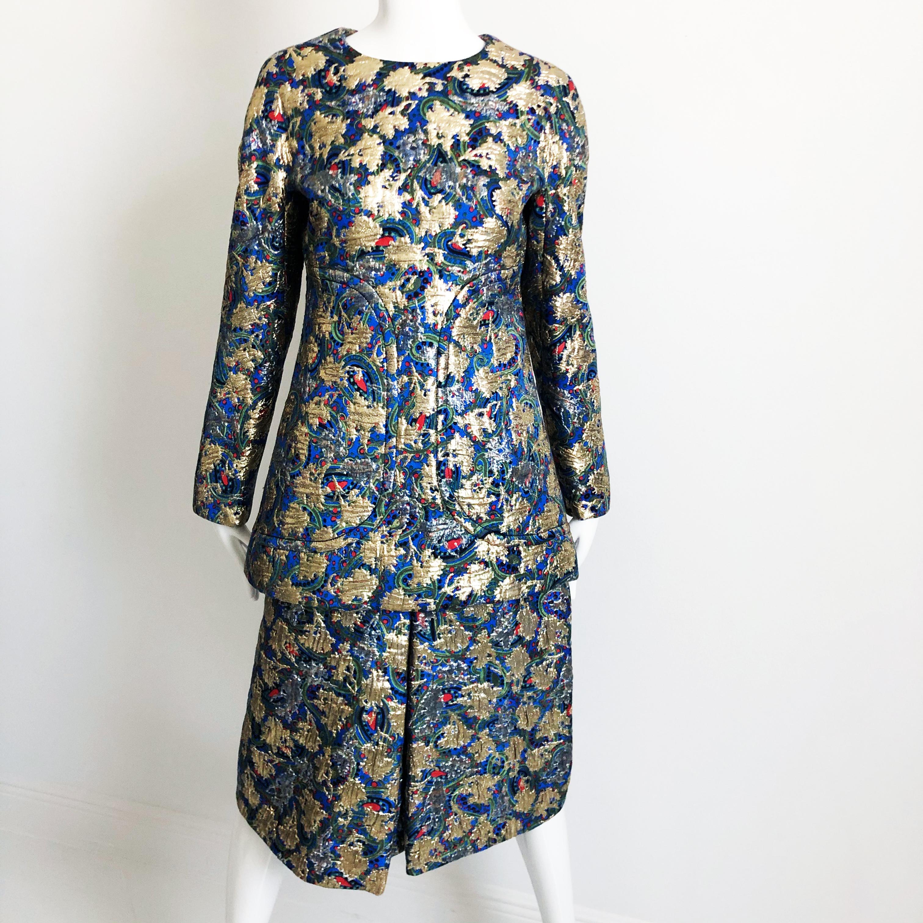 Galanos Metallic Brocade Suit 3pc Top, Long Vest and Skirt Vintage 60s Retro  For Sale 3