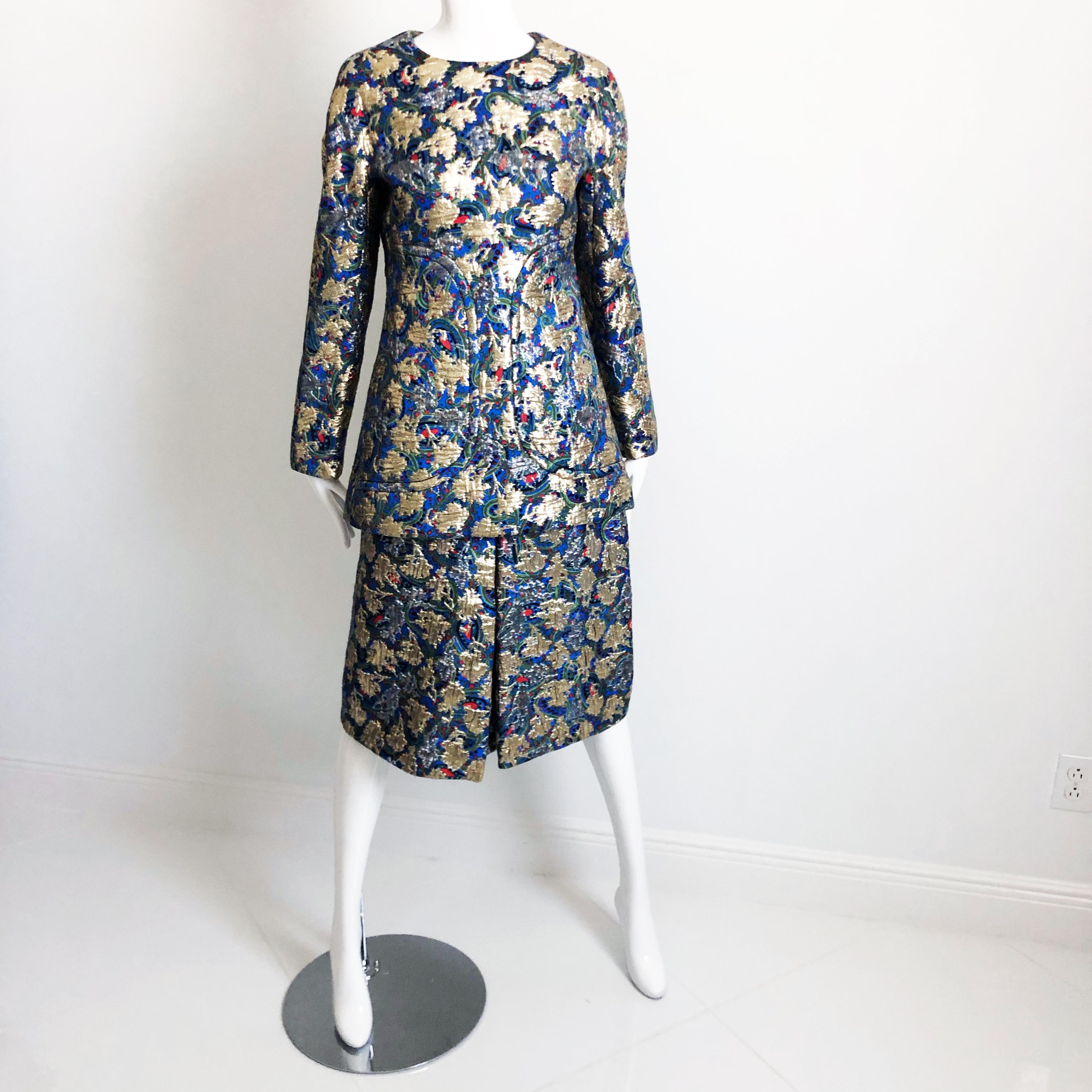 Galanos Metallic Brocade Suit 3pc Top, Long Vest and Skirt Vintage 60s Retro  For Sale 4