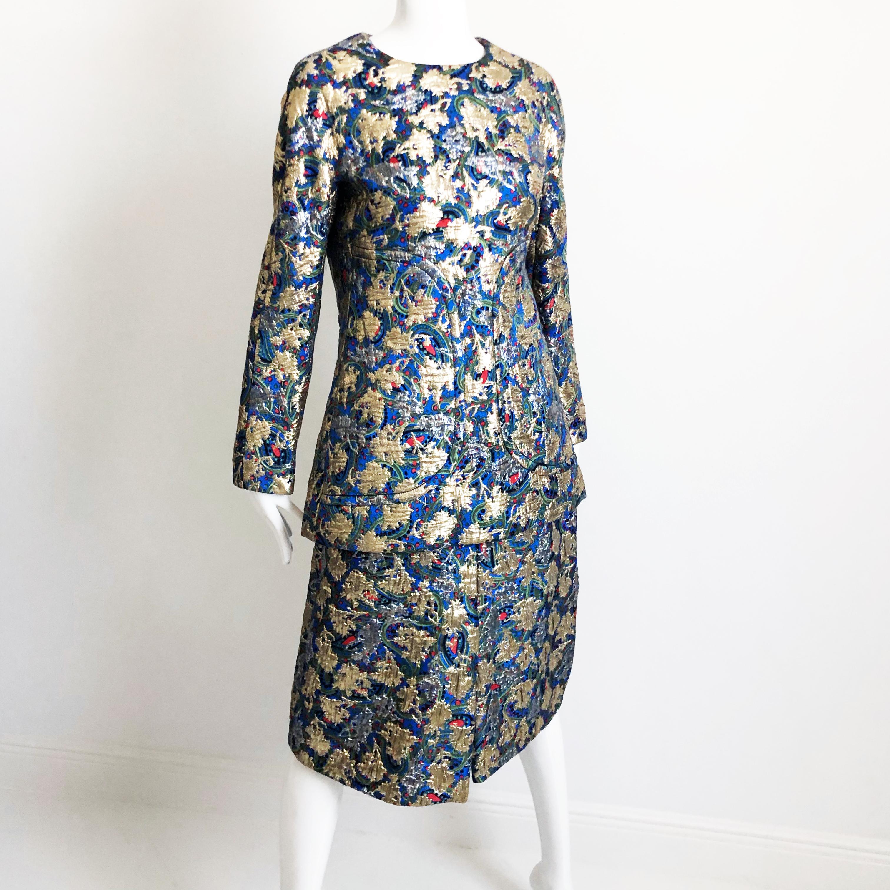 Galanos Metallic Brocade Suit 3pc Top, Long Vest and Skirt Vintage 60s Retro  For Sale 5