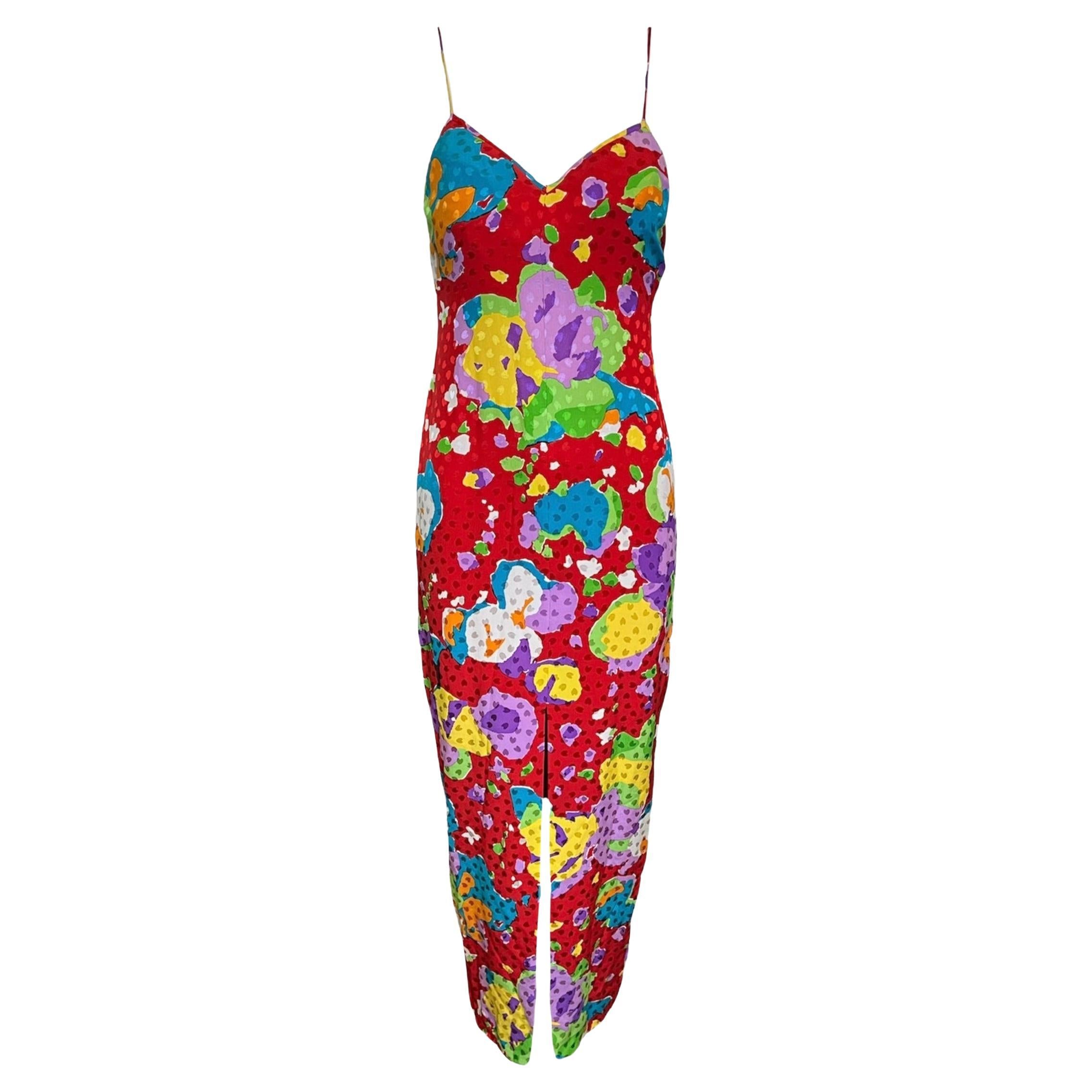 Robe en jacquard de soie rouge multicolore de Galanos, années 1990 en vente