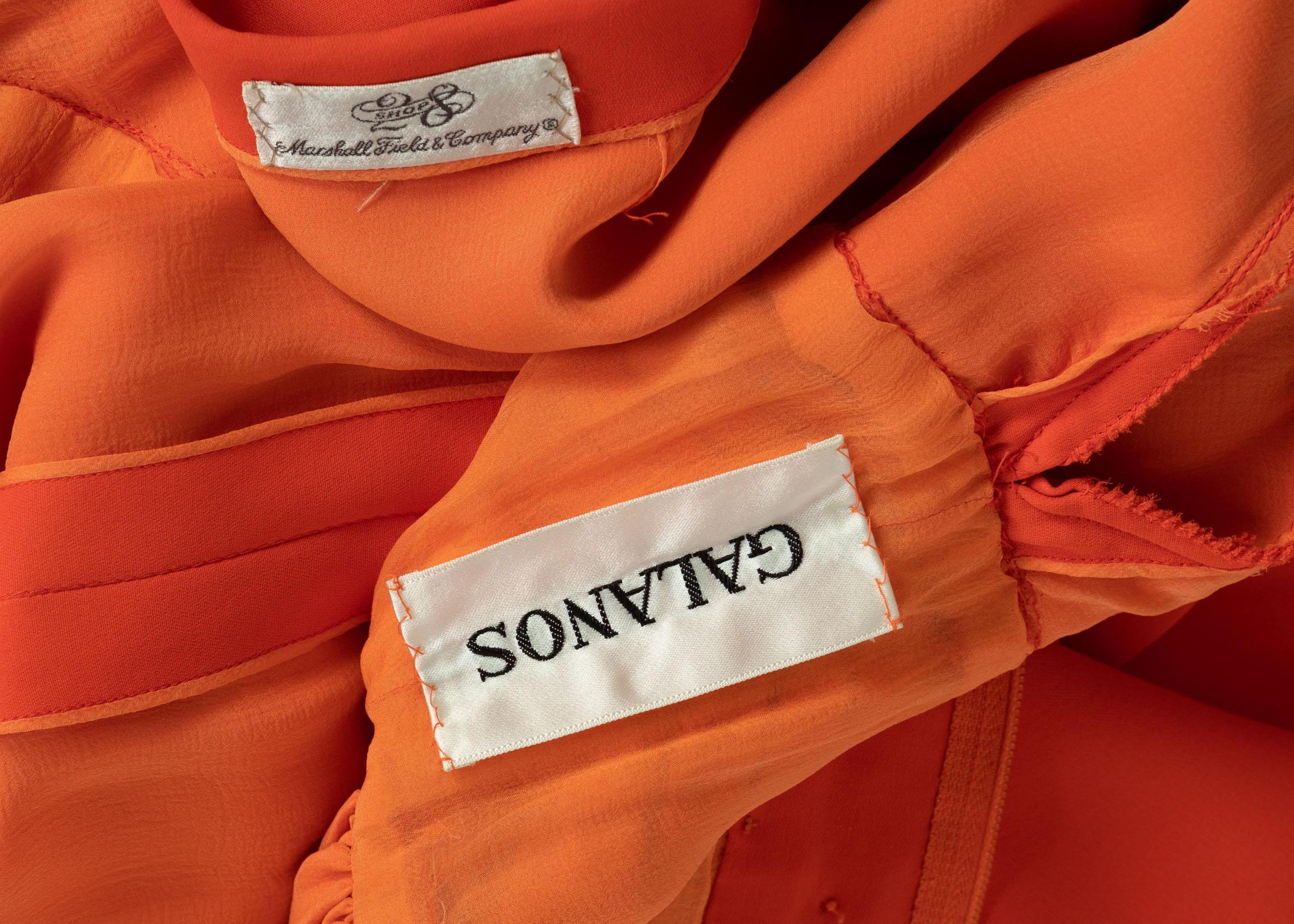 Galanos Orange Silk Plunge Neck Bishop Sleeve Dress, 1970s For Sale 5