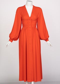 Galanos Orange Silk Plunge Neck Bishop Sleeve Dress, 1970s
