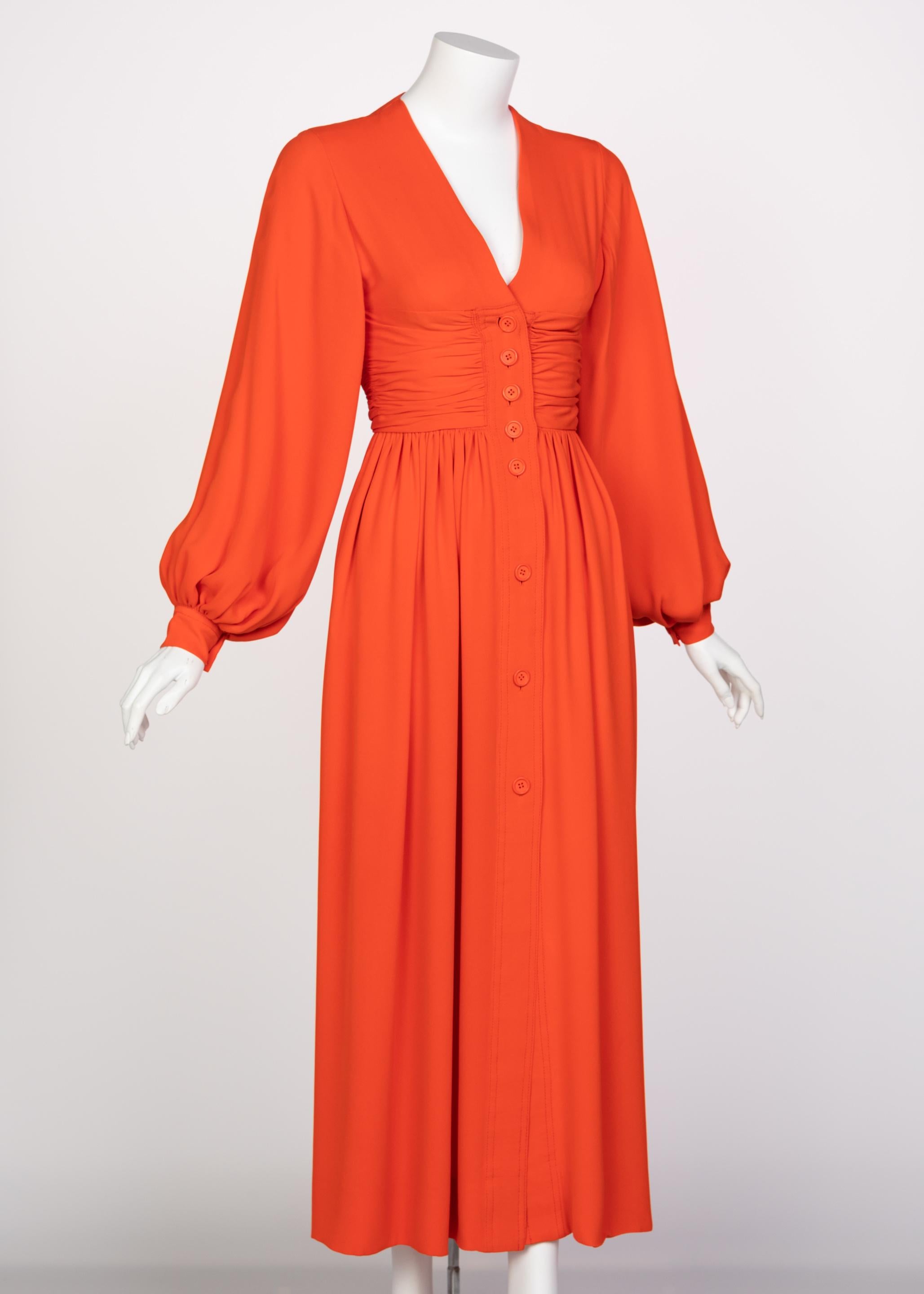 Red Galanos Orange Silk Plunge Neck Bishop Sleeve Dress, 1970s