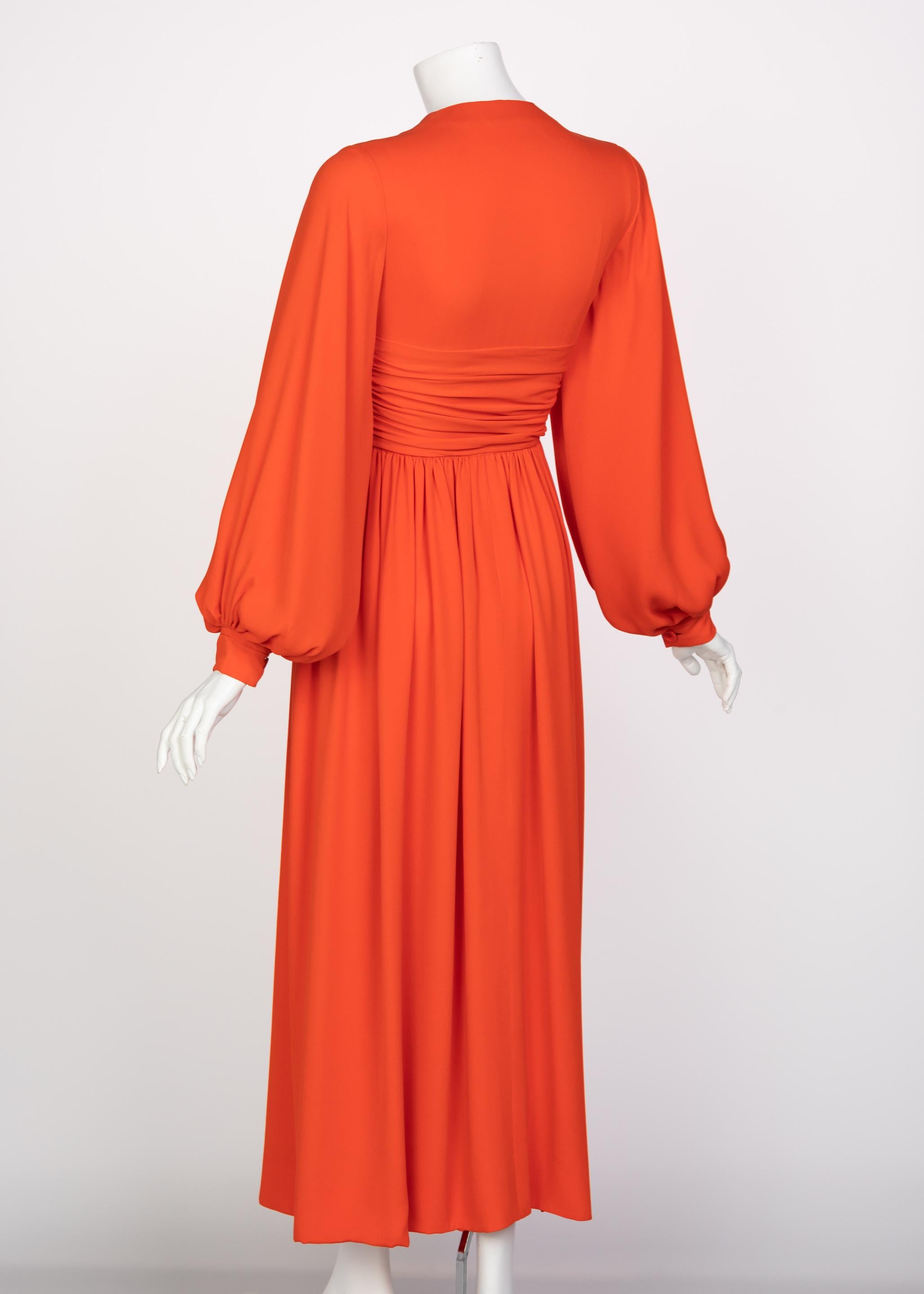 Galanos Orange Silk Plunge Neck Bishop Sleeve Dress, 1970s In Excellent Condition For Sale In Boca Raton, FL