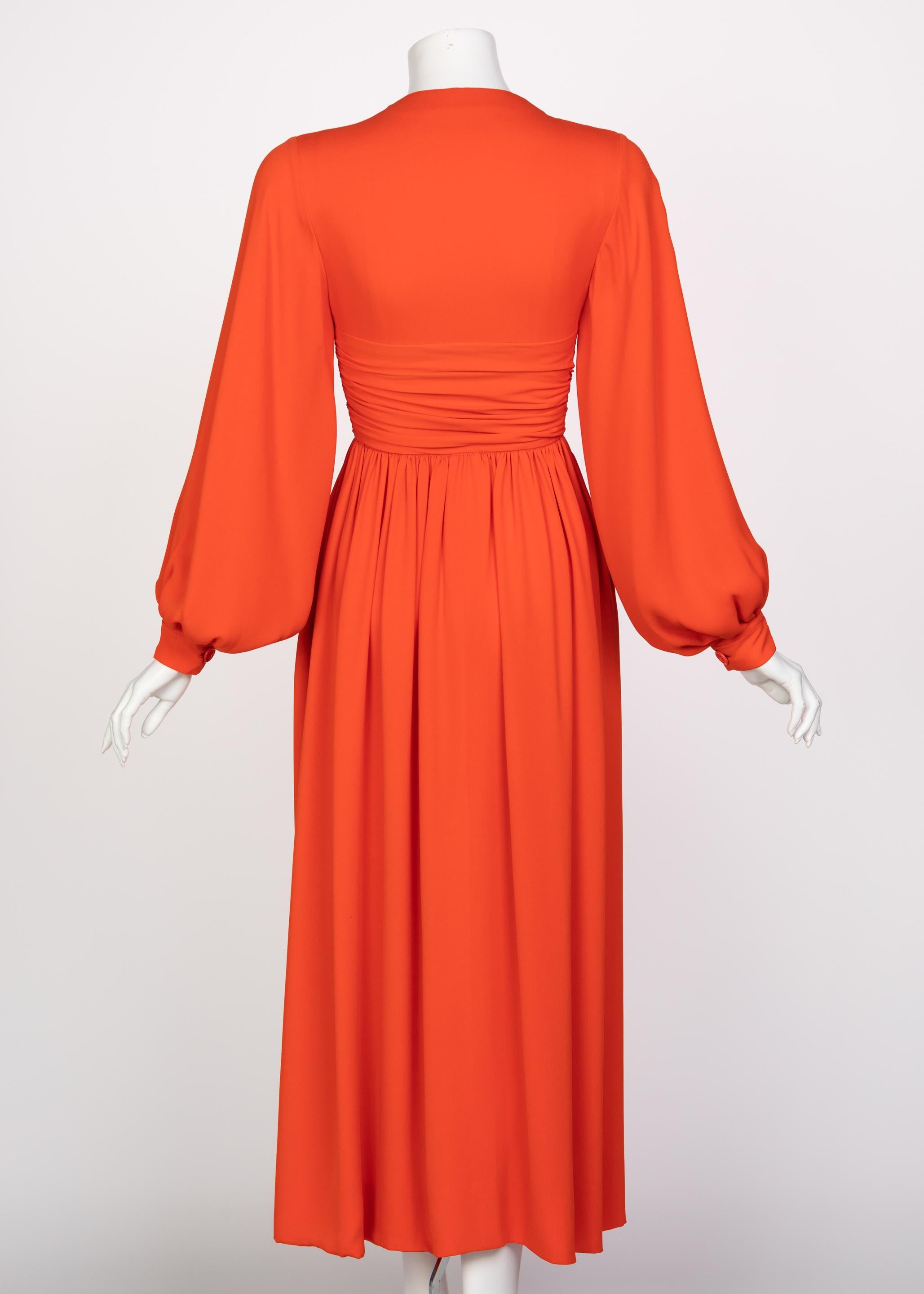 Women's or Men's Galanos Orange Silk Plunge Neck Bishop Sleeve Dress, 1970s