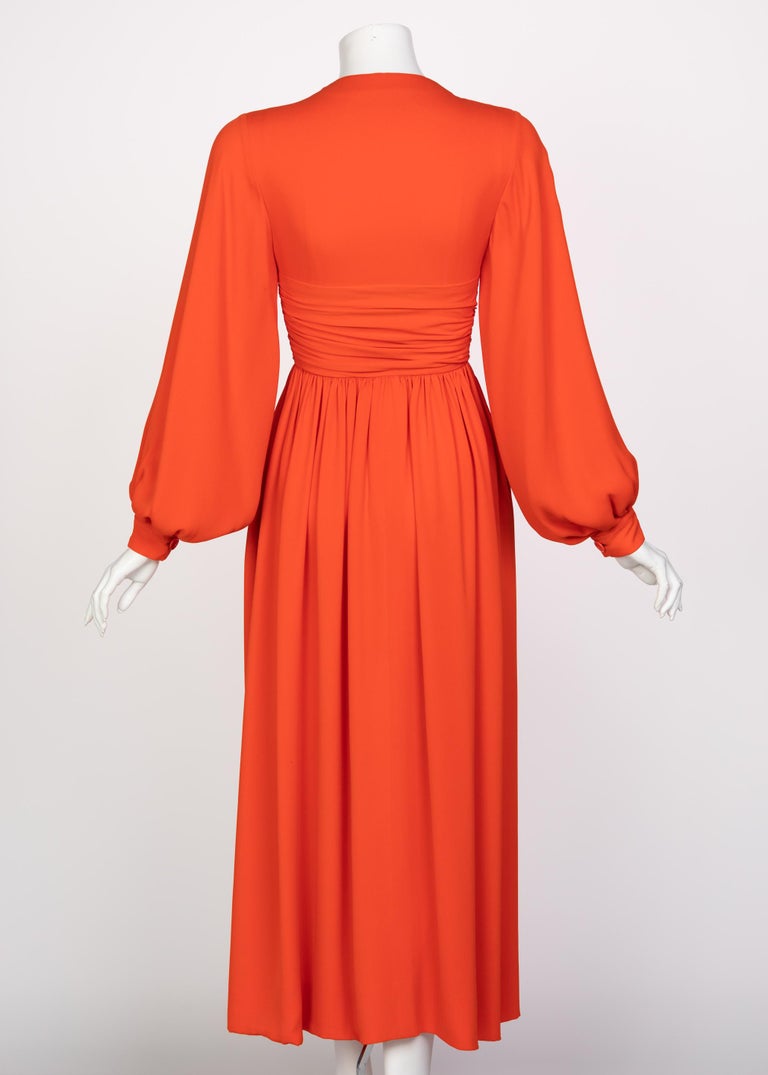 Galanos Orange Silk Plunge Neck Bishop Sleeve Dress, 1970s For Sale at  1stDibs | bishop sleeves dress