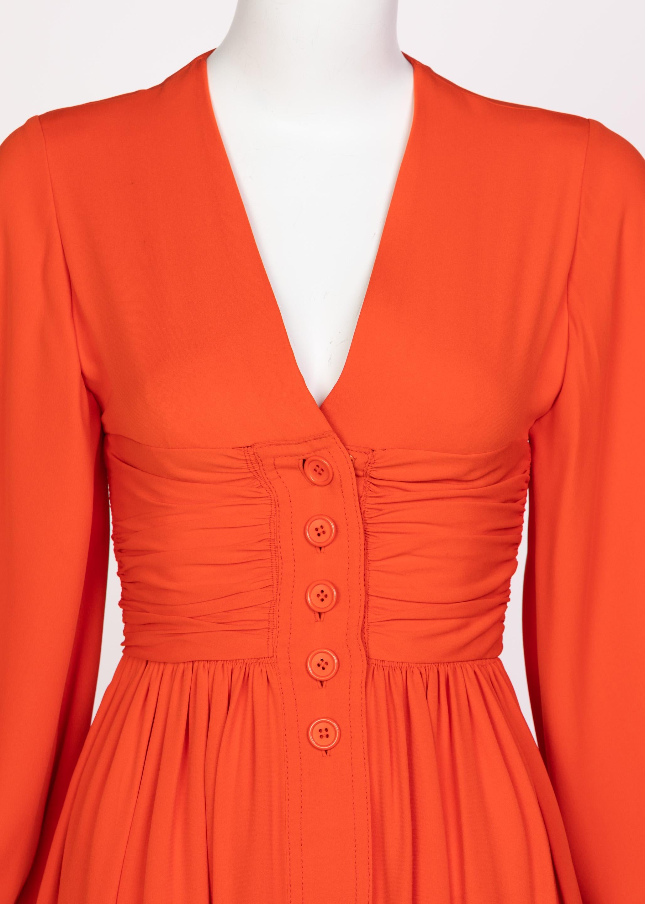 Galanos Orange Silk Plunge Neck Bishop Sleeve Dress, 1970s For Sale 1