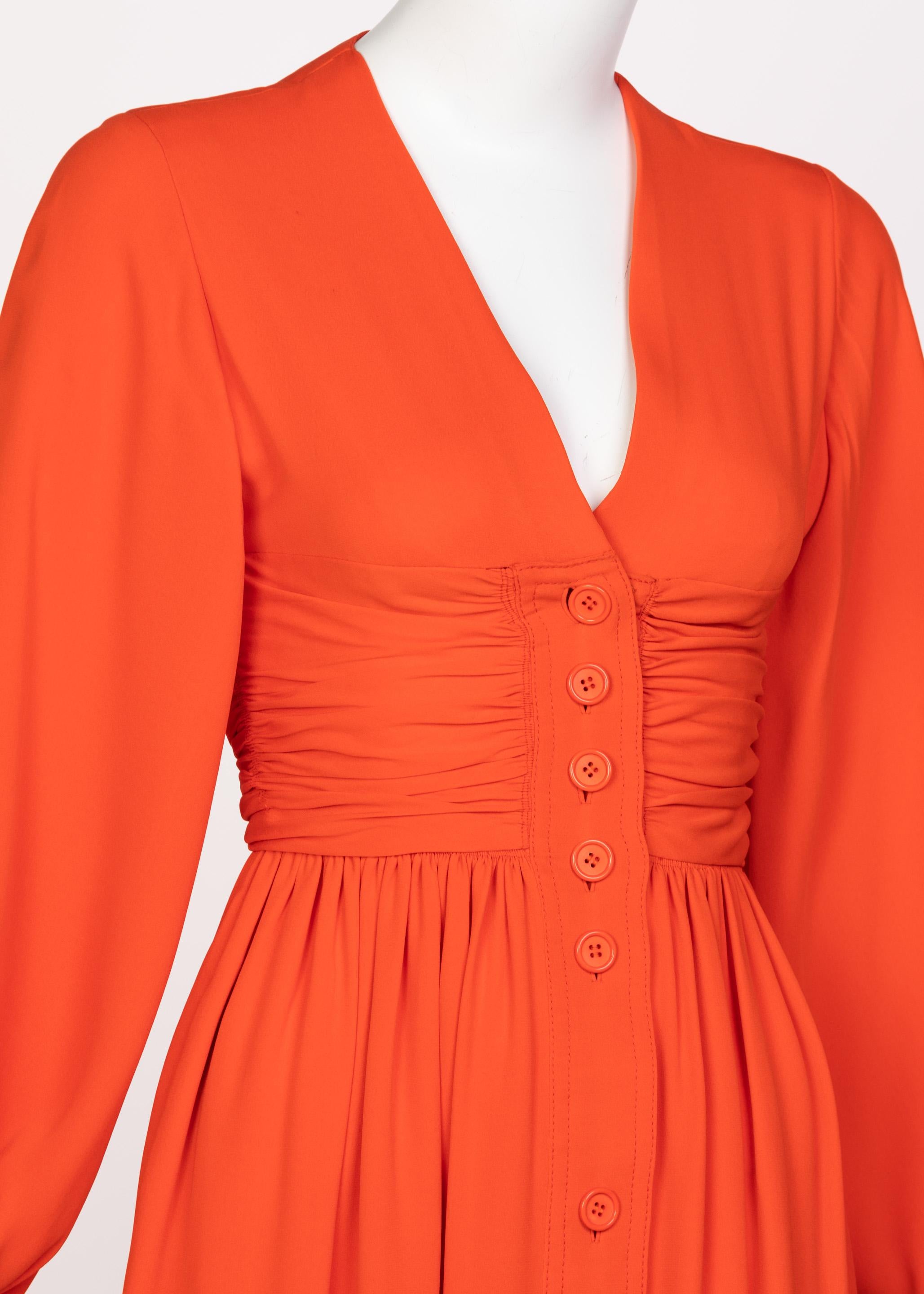 Galanos Orange Silk Plunge Neck Bishop Sleeve Dress, 1970s In Excellent Condition In Boca Raton, FL