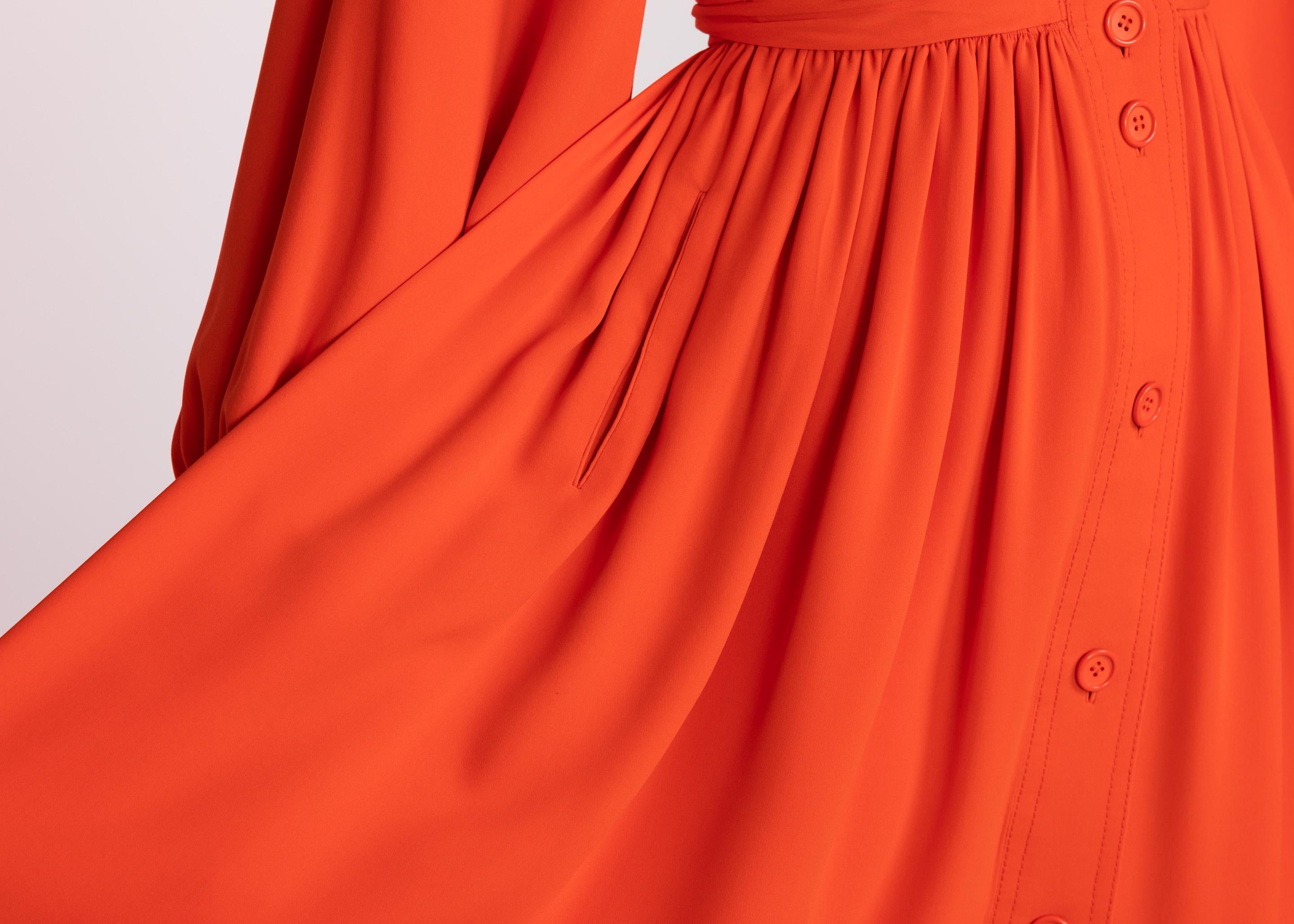 Galanos Orange Silk Plunge Neck Bishop Sleeve Dress, 1970s For Sale 3