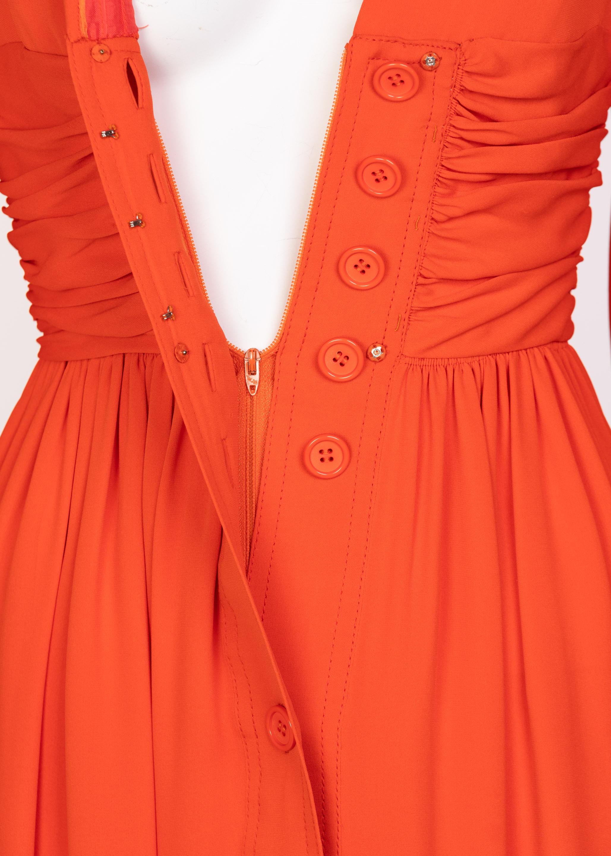 Galanos Orange Silk Plunge Neck Bishop Sleeve Dress, 1970s 1
