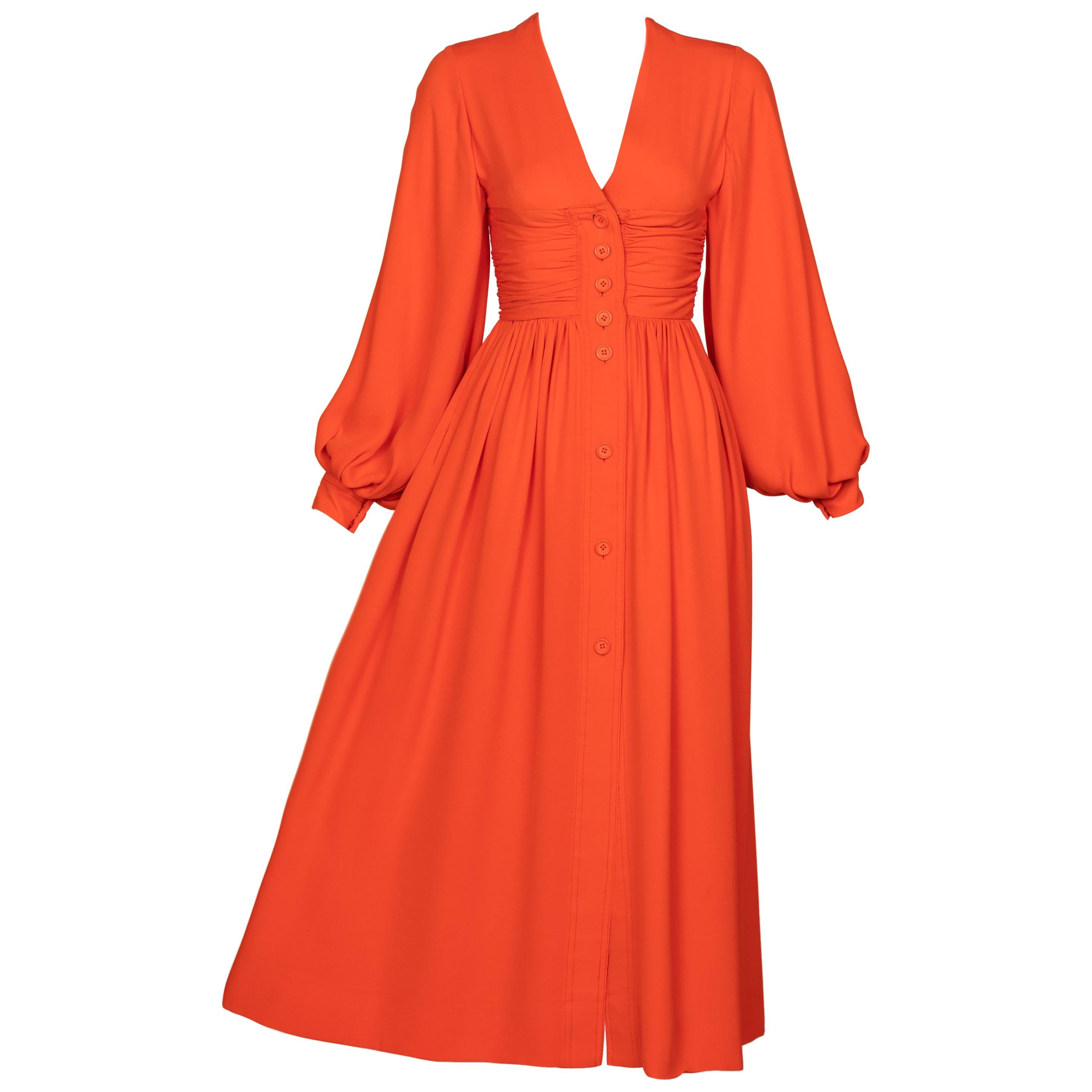 Galanos Orange Silk Plunge Neck Bishop Sleeve Dress, 1970s For Sale