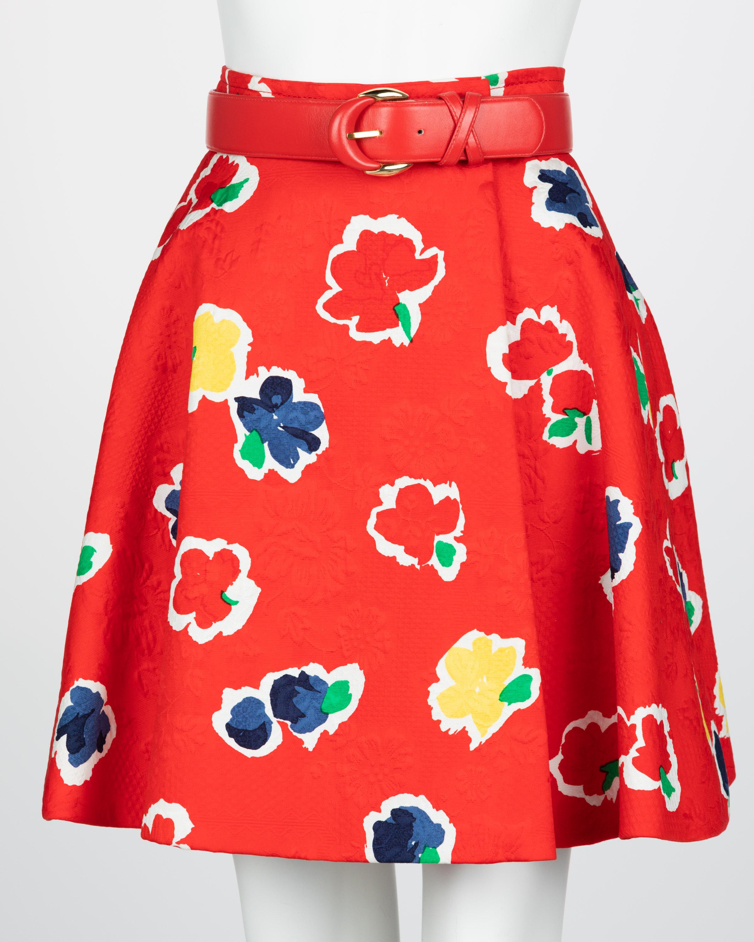 Galanos Red Floral Cotton Wrap Skirt w/ Belt, 1980s For Sale 4