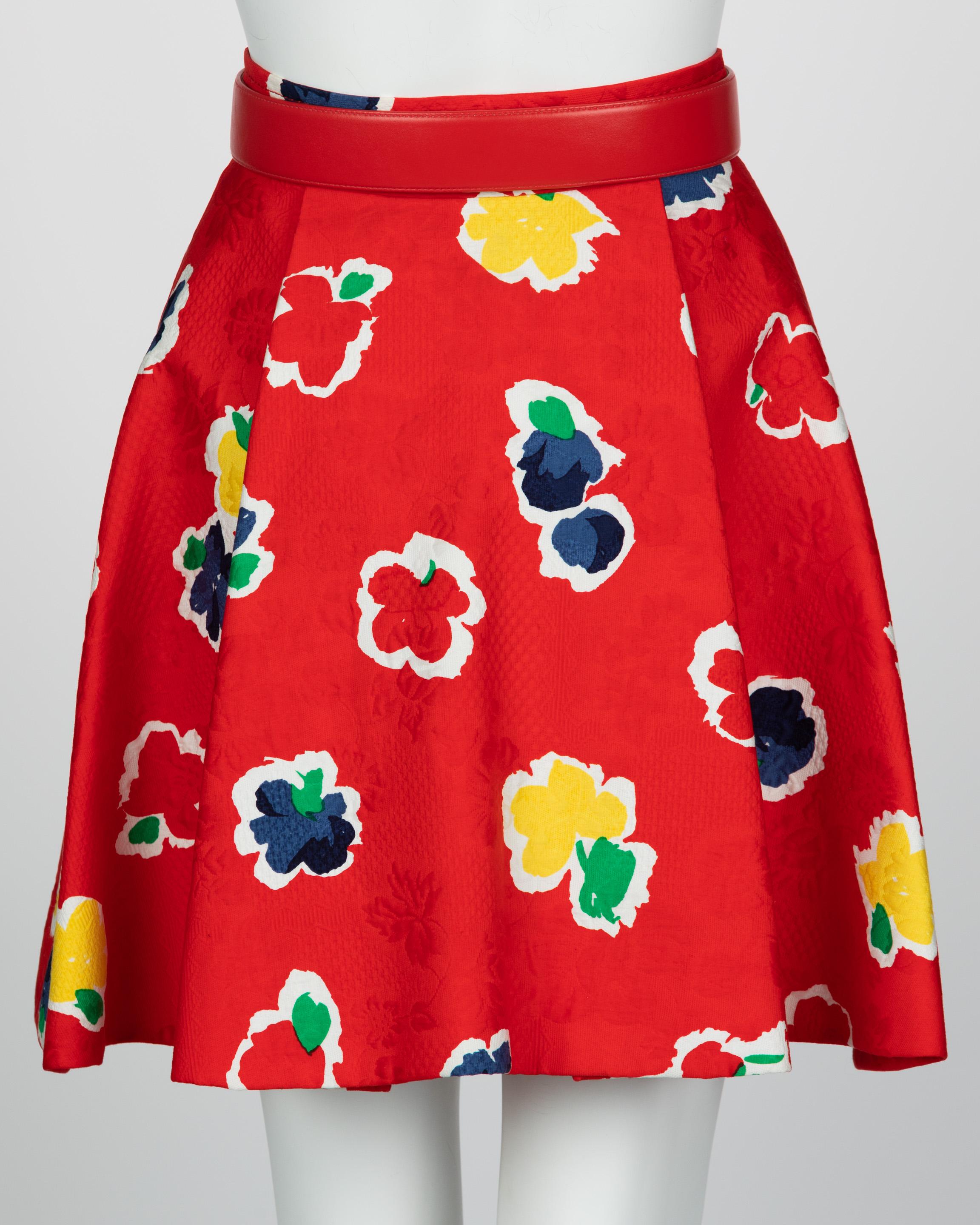 Galanos Red Floral Cotton Wrap Skirt w/ Belt, 1980s For Sale 5