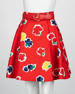 Galanos Red Floral Cotton Wrap Skirt w/ Belt, 1980s