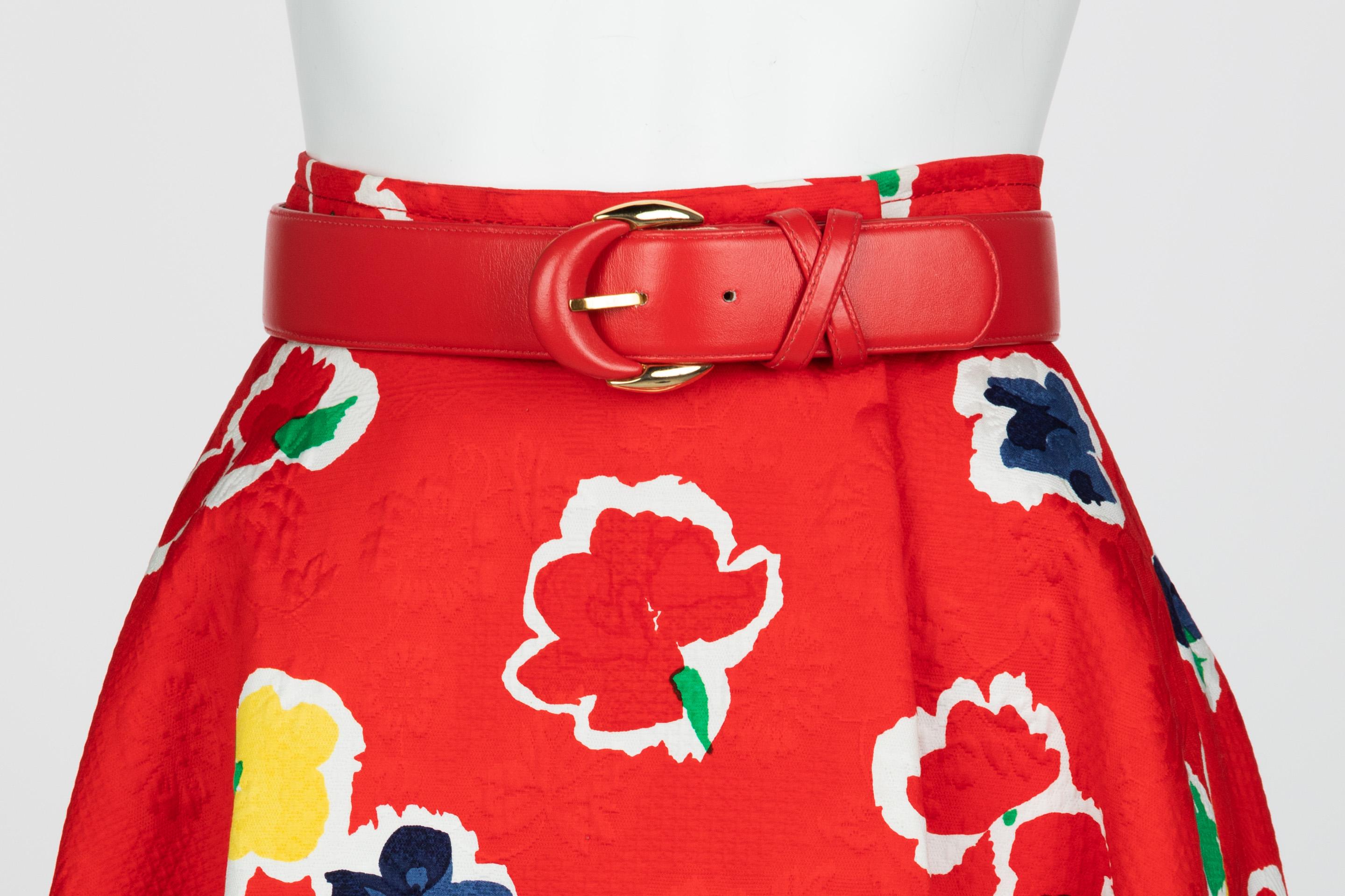 Galanos Red Floral Cotton Wrap Skirt w/ Belt, 1980s In Excellent Condition For Sale In Boca Raton, FL