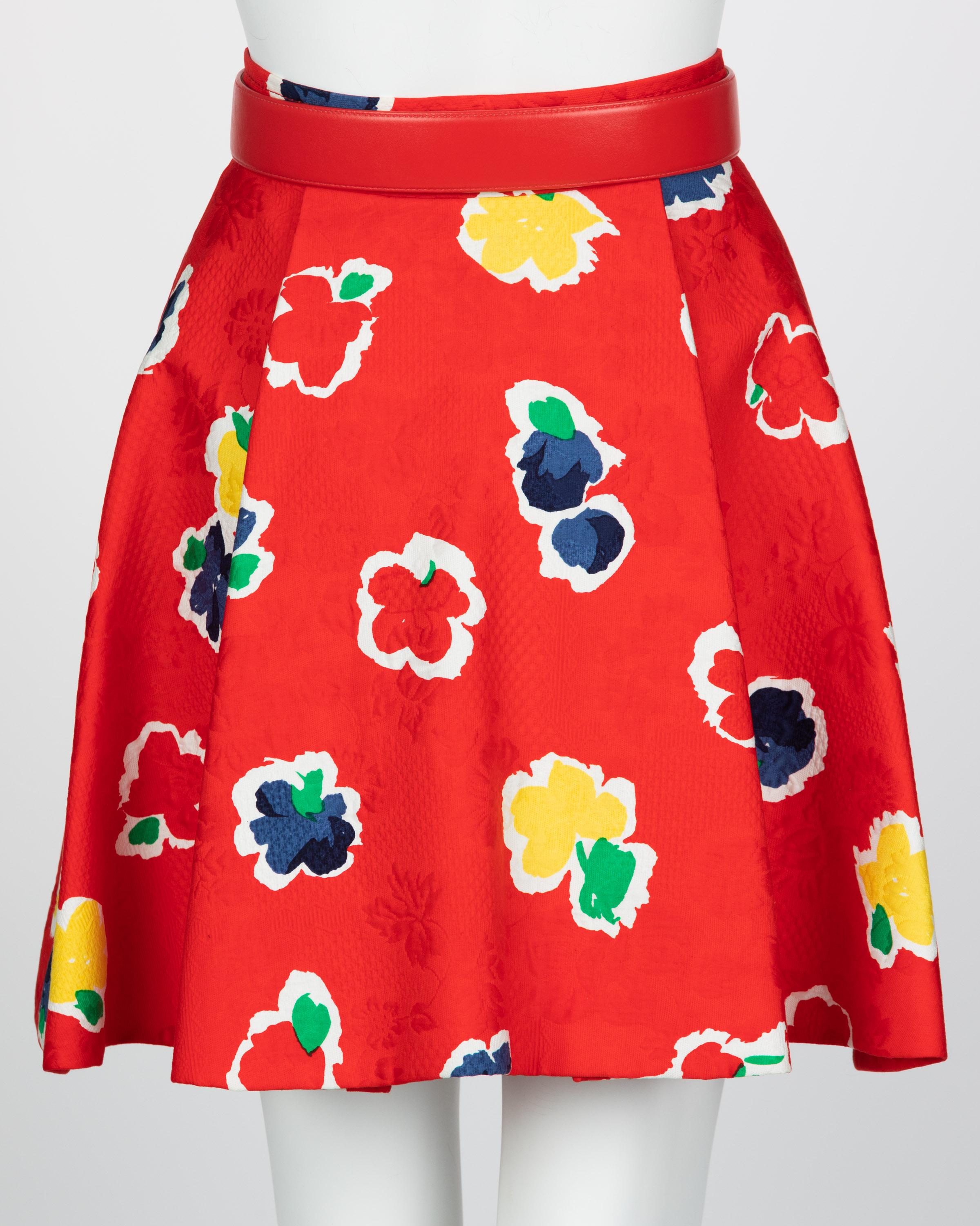 Galanos Red Floral Cotton Wrap Skirt w/ Belt, 1980s For Sale 1