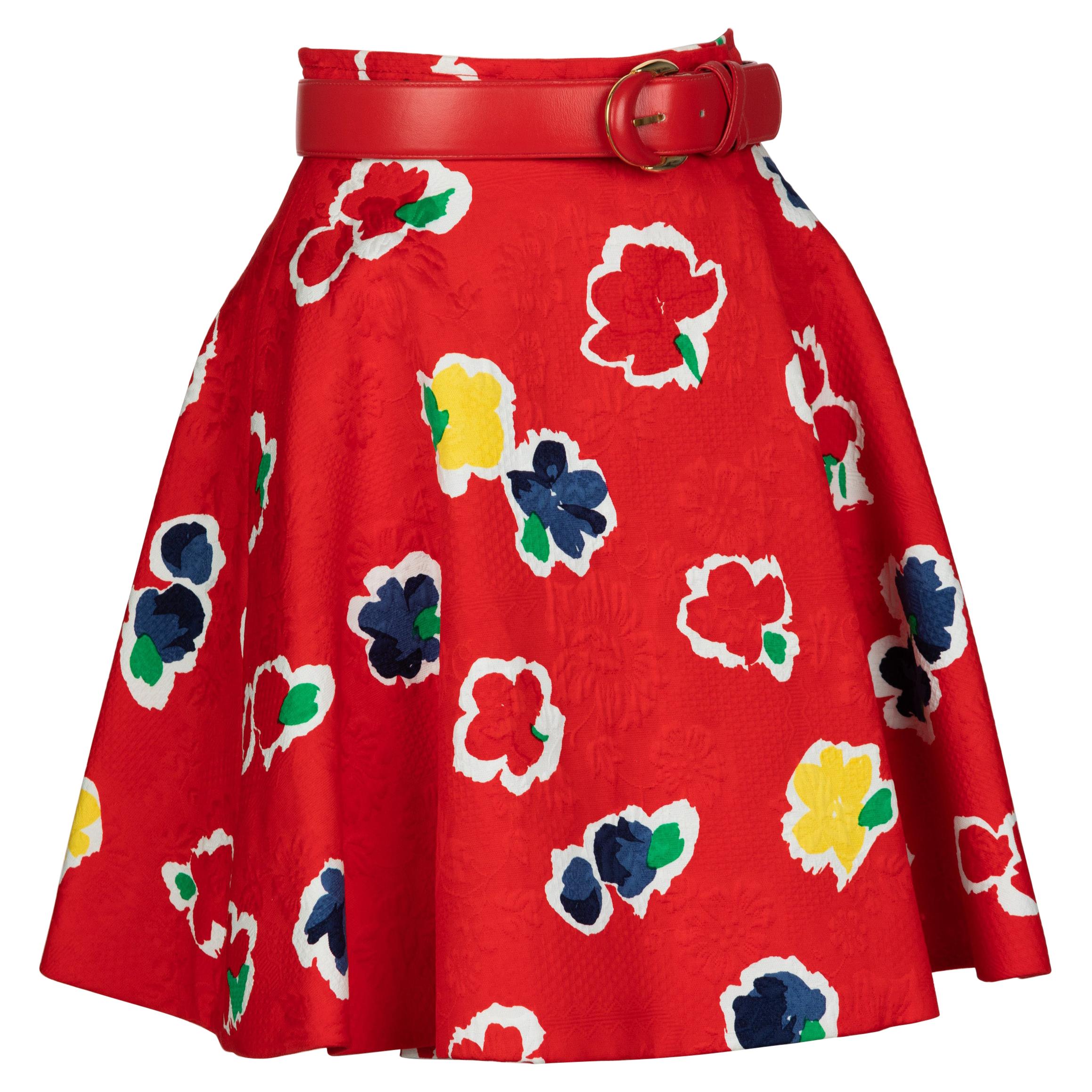 Galanos Red Floral Cotton Wrap Skirt w/ Belt, 1980s For Sale