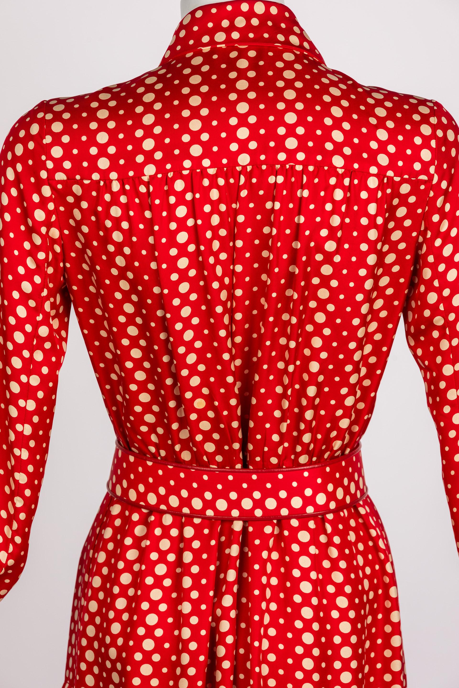 Galanos Red Polka Dot Lucite Belted Silk Maxi Dress, 1970s For Sale 7