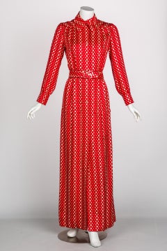 Galanos Red Polka Dot Lucite Belted Silk Maxi Dress, 1970s