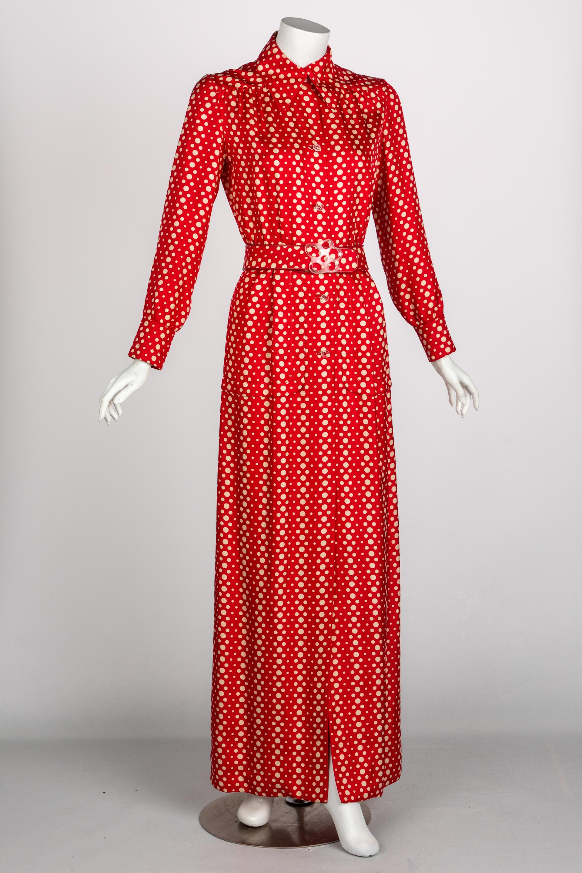 Galanos Red Polka Dot Lucite Belted Silk Maxi Dress, 1970s In Good Condition For Sale In Boca Raton, FL
