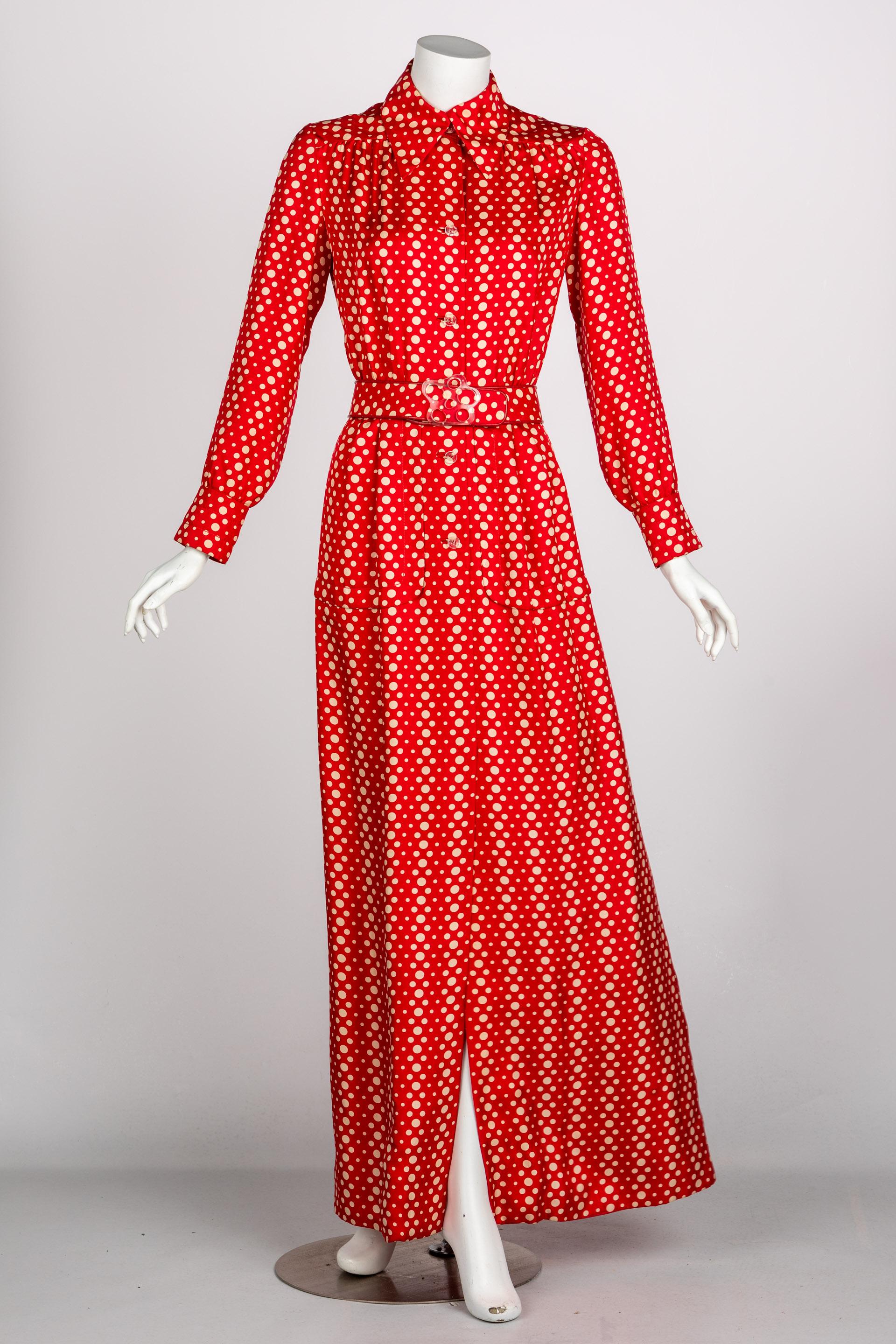 Galanos Red Polka Dot Lucite Belted Silk Maxi Dress, 1970s In Good Condition In Boca Raton, FL