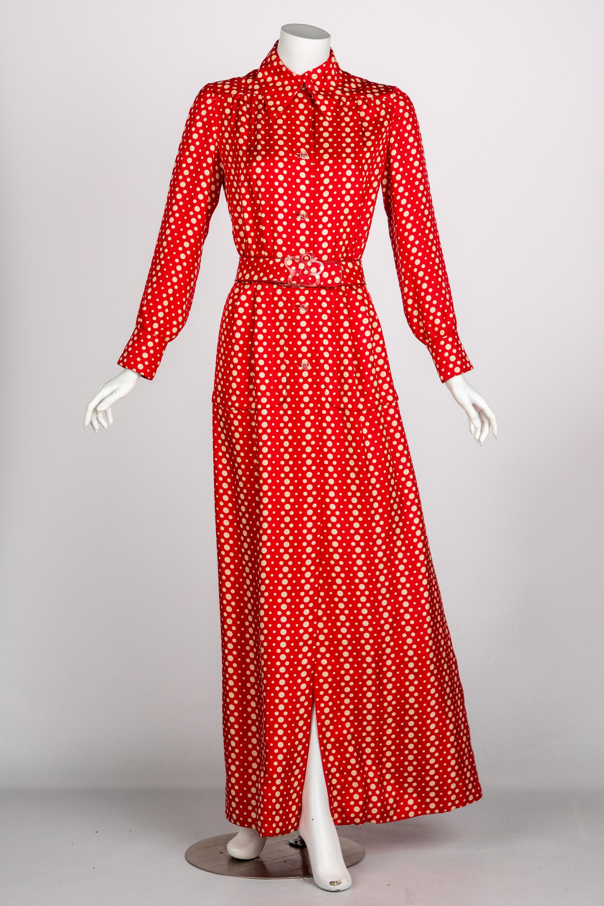 Women's Galanos Red Polka Dot Lucite Belted Silk Maxi Dress, 1970s For Sale