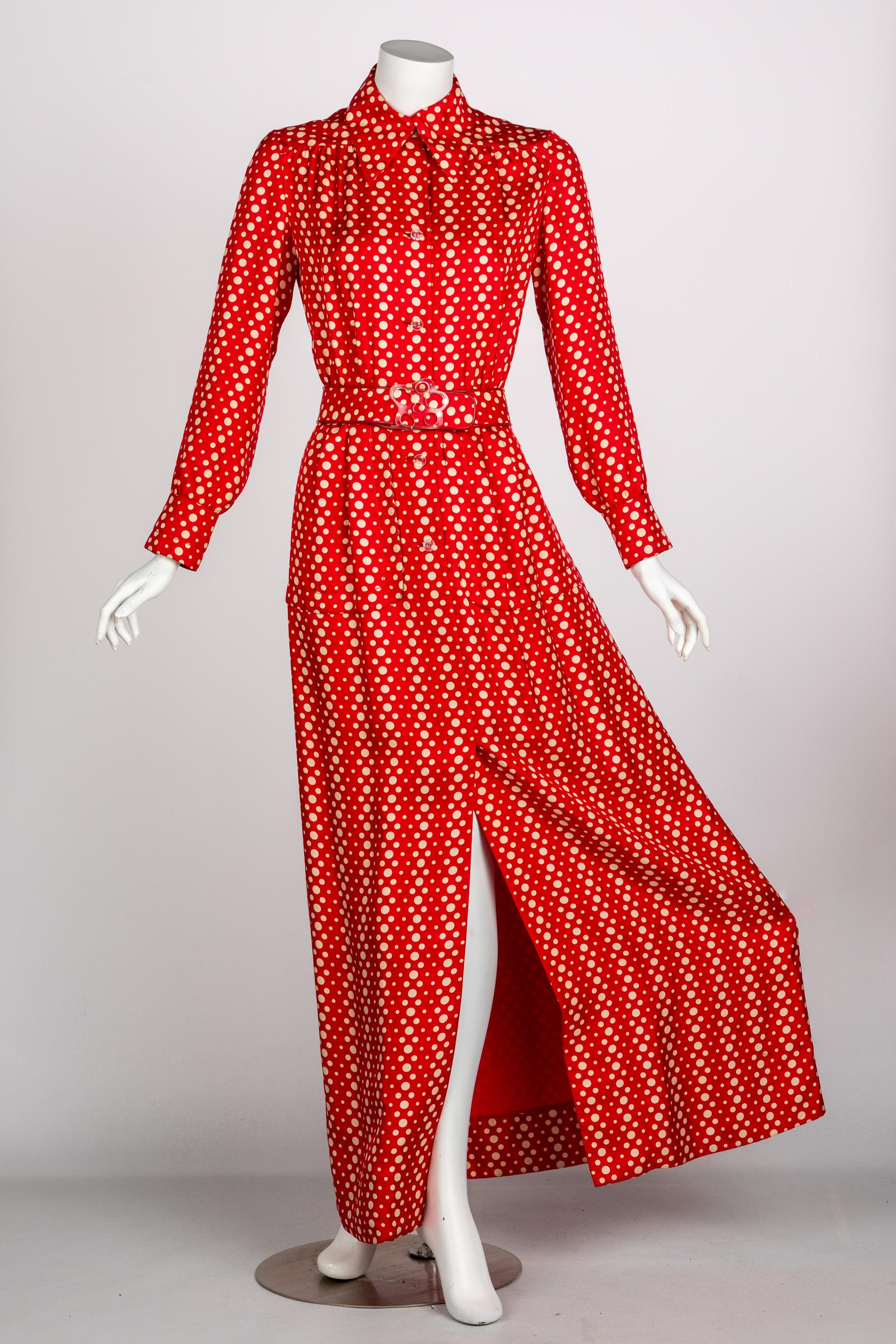 Galanos Red Polka Dot Lucite Belted Silk Maxi Dress, 1970s For Sale 1