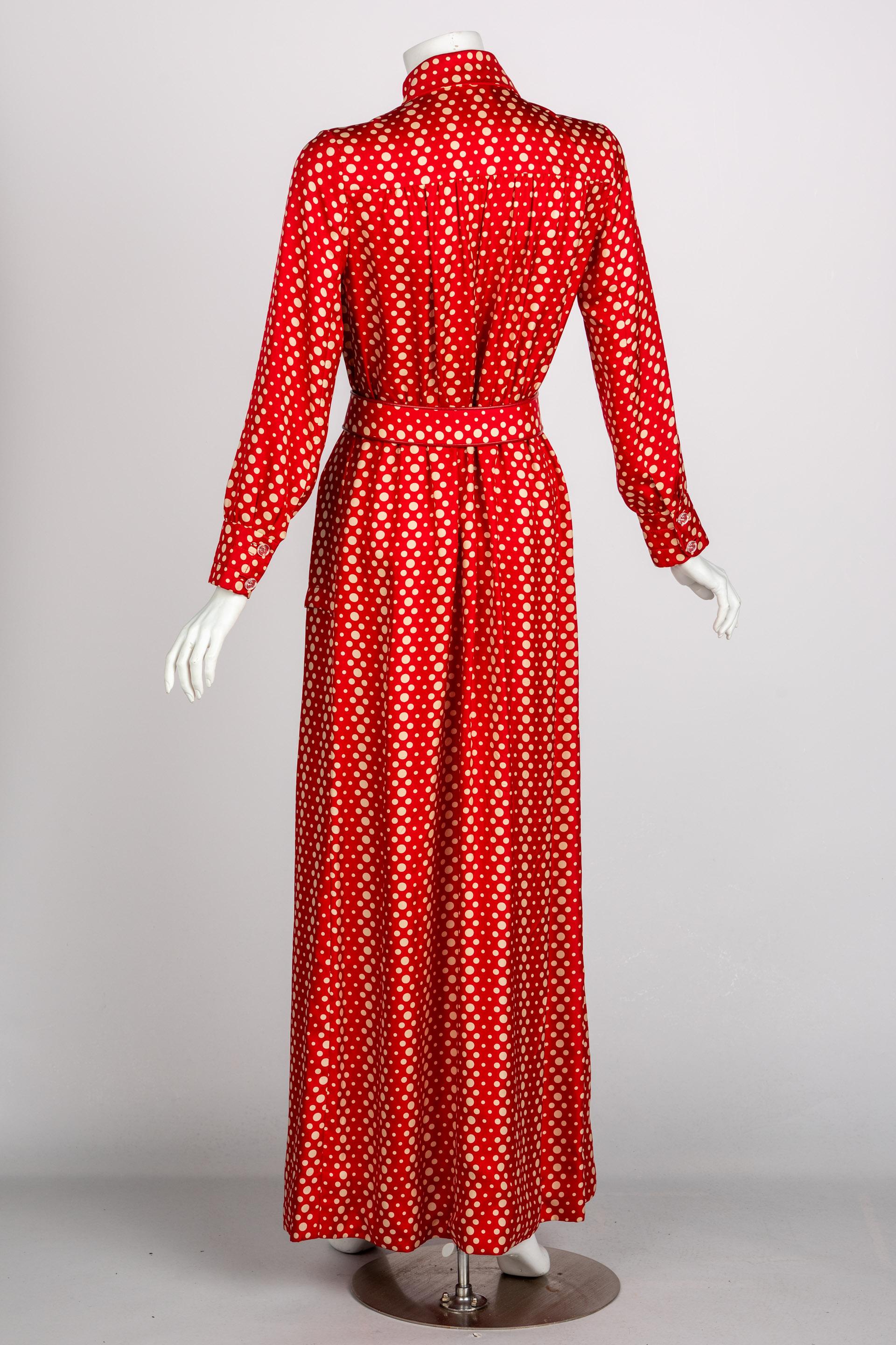 Galanos Red Polka Dot Lucite Belted Silk Maxi Dress, 1970s 1