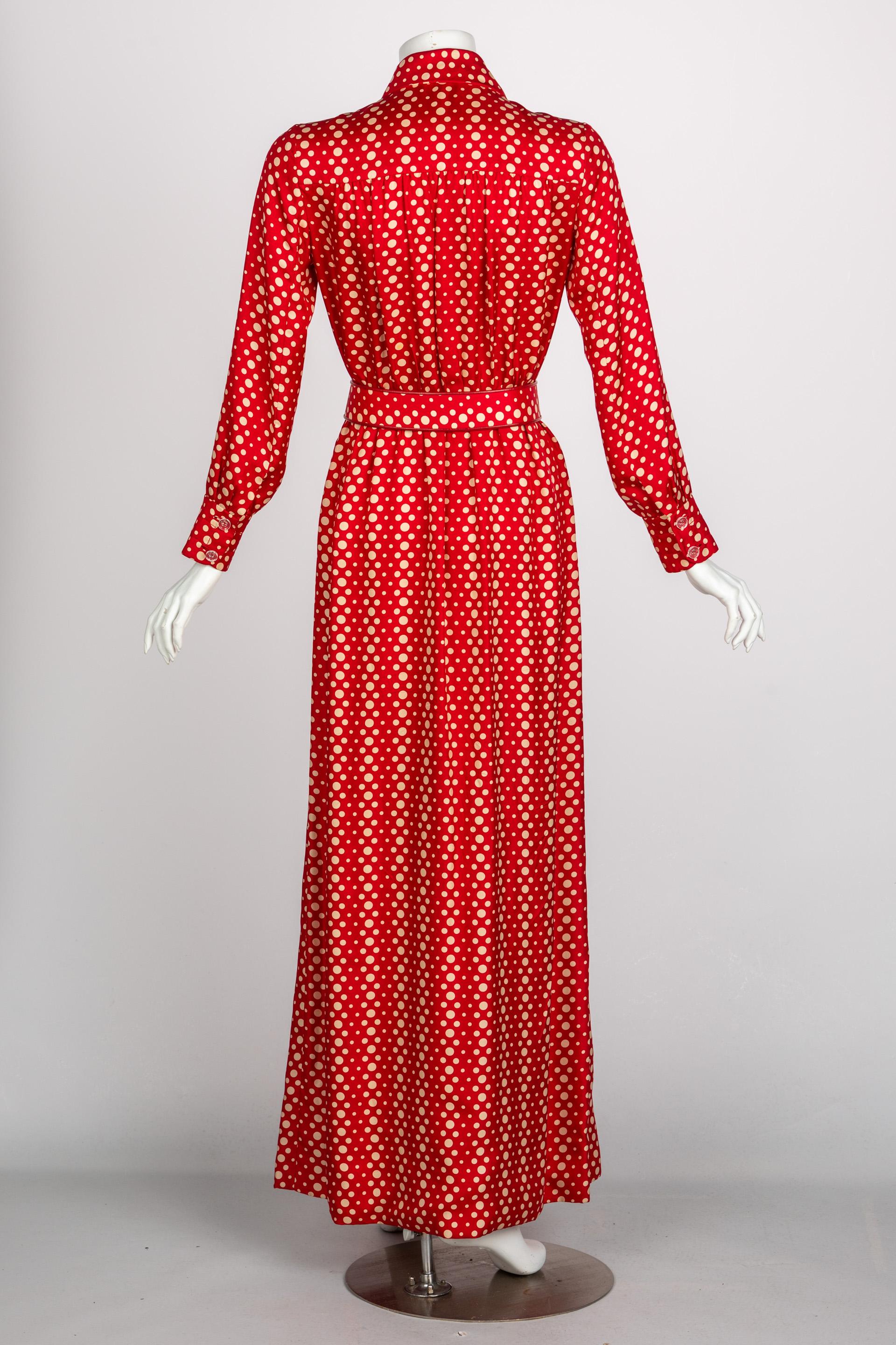 Galanos Red Polka Dot Lucite Belted Silk Maxi Dress, 1970s For Sale 3