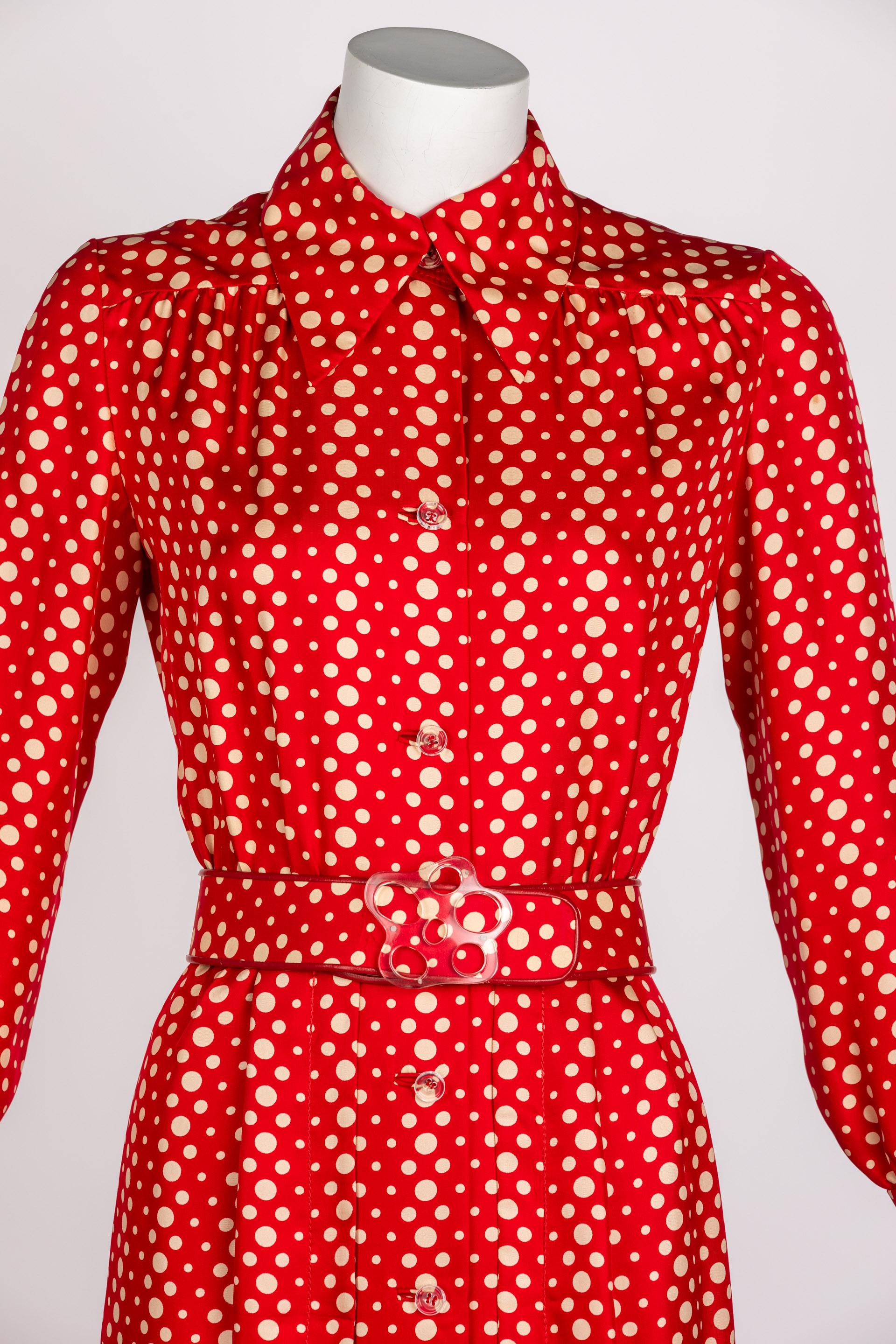 Galanos Red Polka Dot Lucite Belted Silk Maxi Dress, 1970s For Sale 4