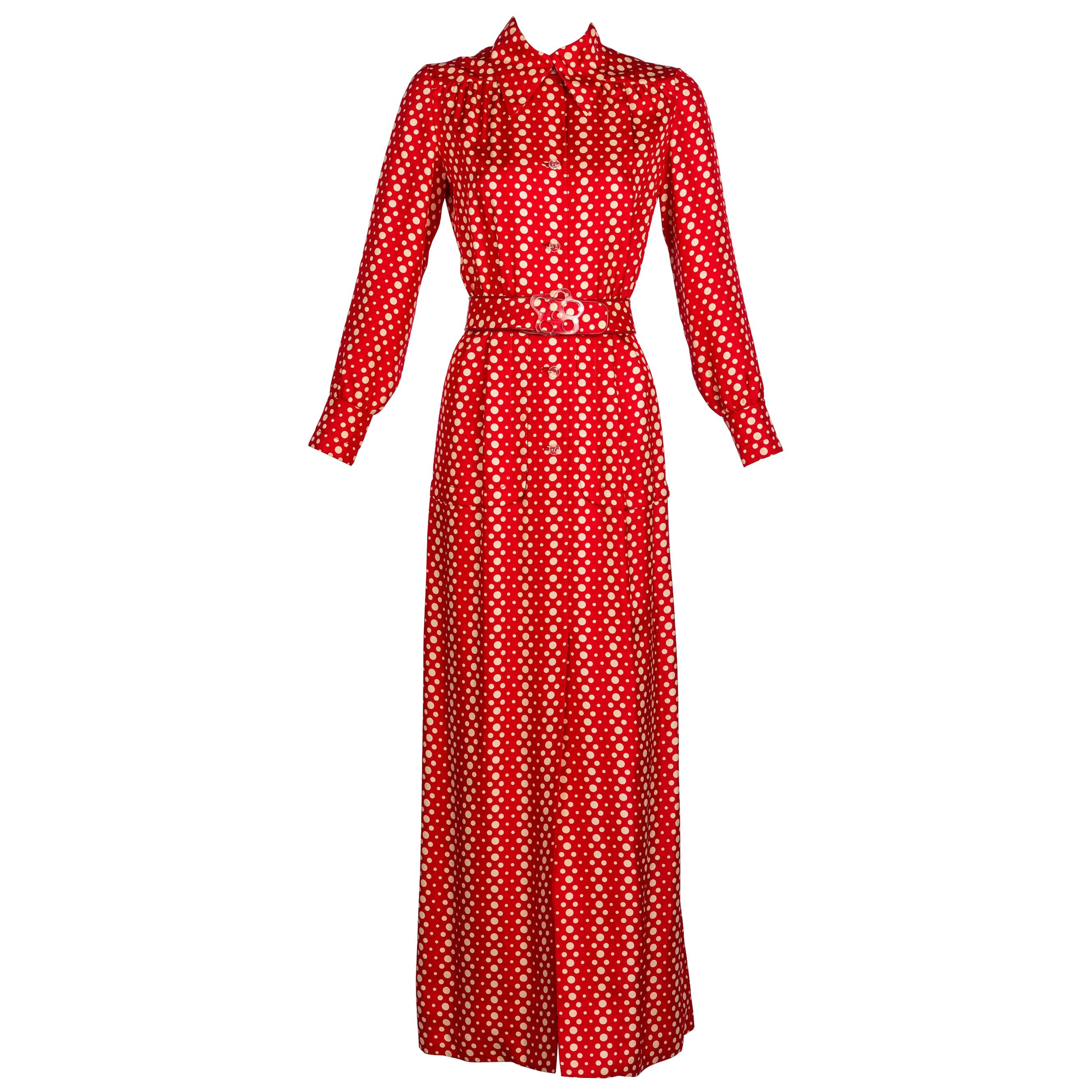 Galanos Red Polka Dot Lucite Belted Silk Maxi Dress, 1970s For Sale