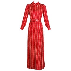 Retro Galanos Red Polka Dot Lucite Belted Silk Maxi Dress, 1970s