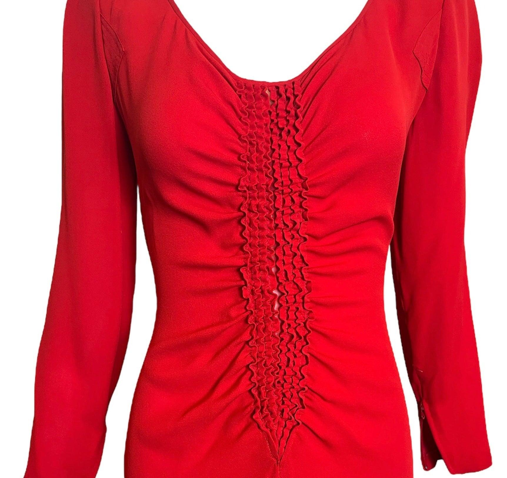 Galanos Rotes Kleid aus Seide mit geraffter Front, 1980er Jahre Damen im Angebot