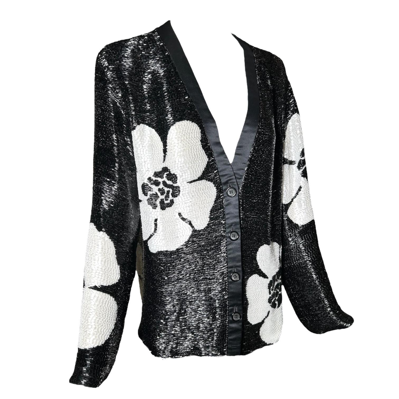 Galanos Solid Beaded Black and White Floral Evening Jacket, 1970s (Schwarz) im Angebot
