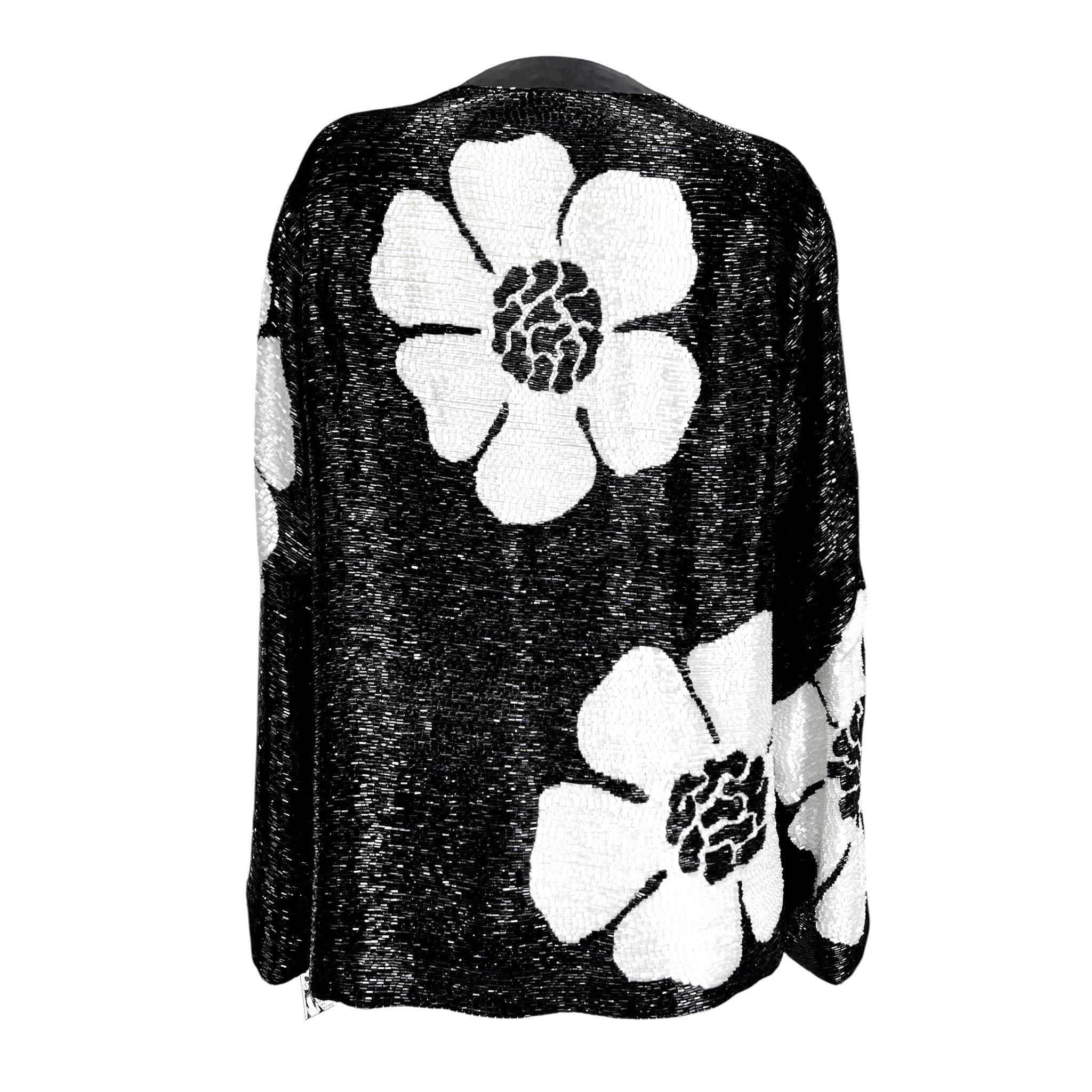 Galanos Solid Beaded Black and White Floral Evening Jacket, 1970s Damen im Angebot