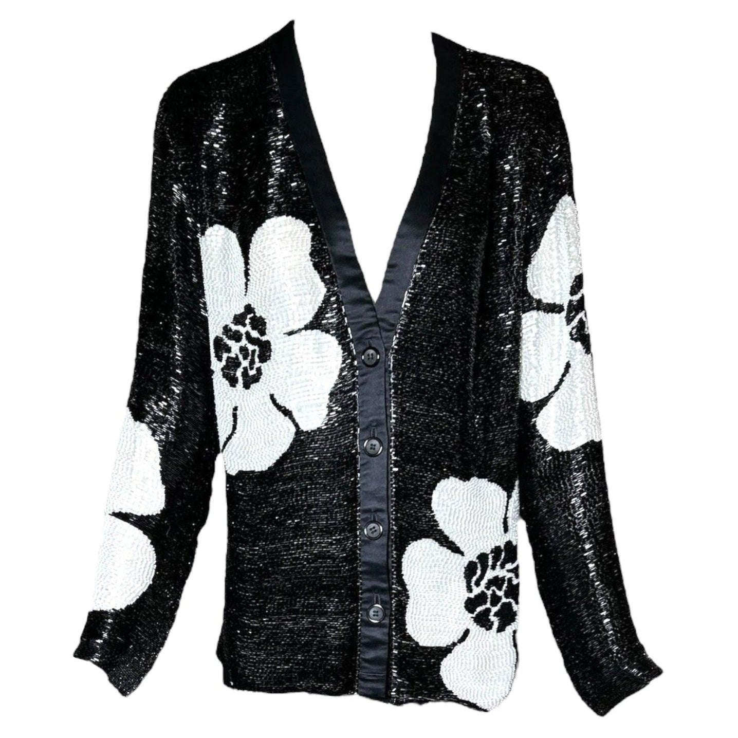 Galanos Solid Beaded Black and White Floral Evening Jacket, 1970s