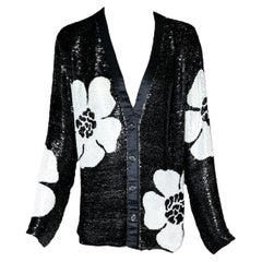 Galanos Solid Beaded Black and White Floral Evening Jacket, 1970s