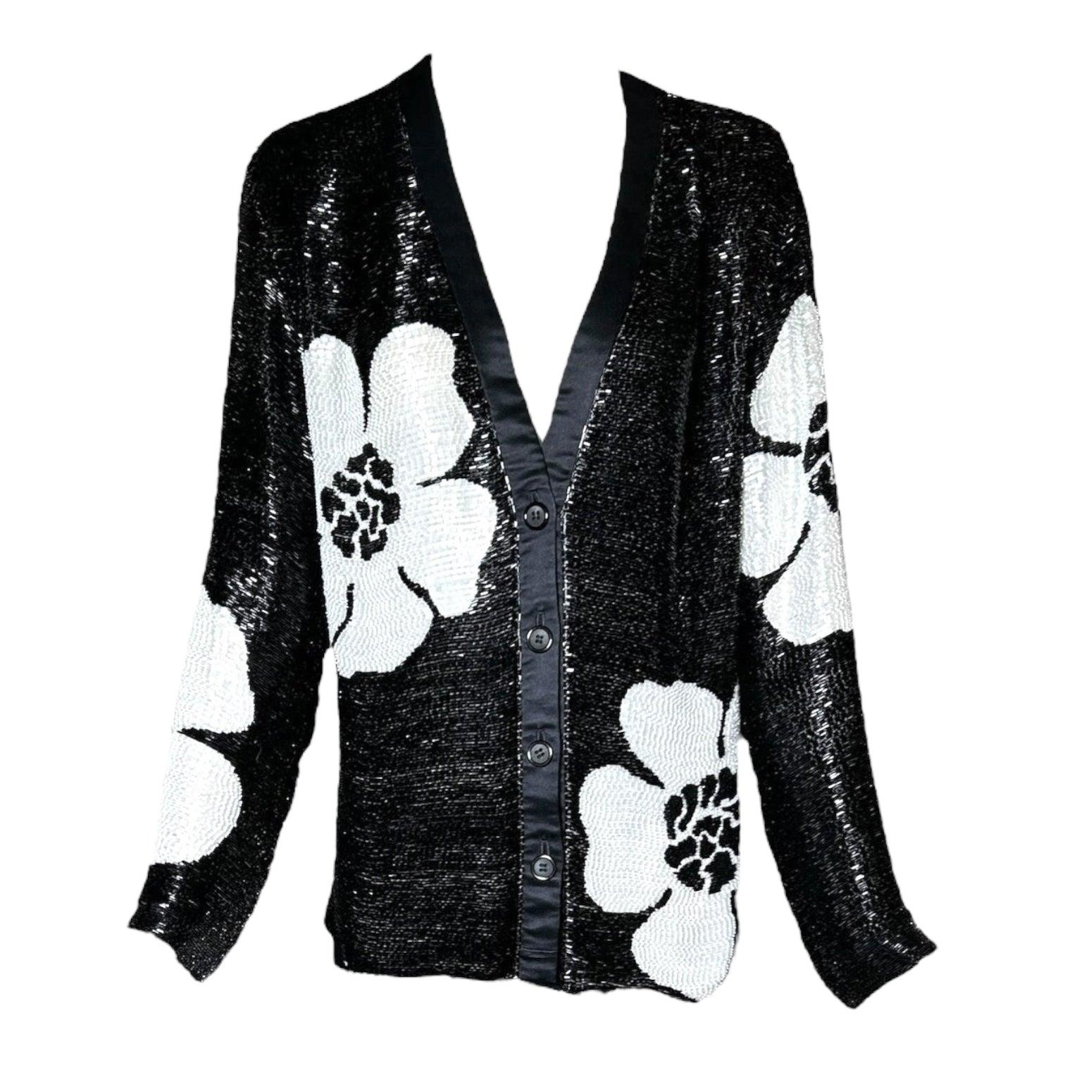 Galanos Solide, perlenbesetzte Abendjacke mit schwarzen und weißen Blumen, 1970er Jahre im Angebot