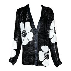 Galanos Solide, perlenbesetzte Abendjacke mit schwarzen und weißen Blumen, 1970er Jahre