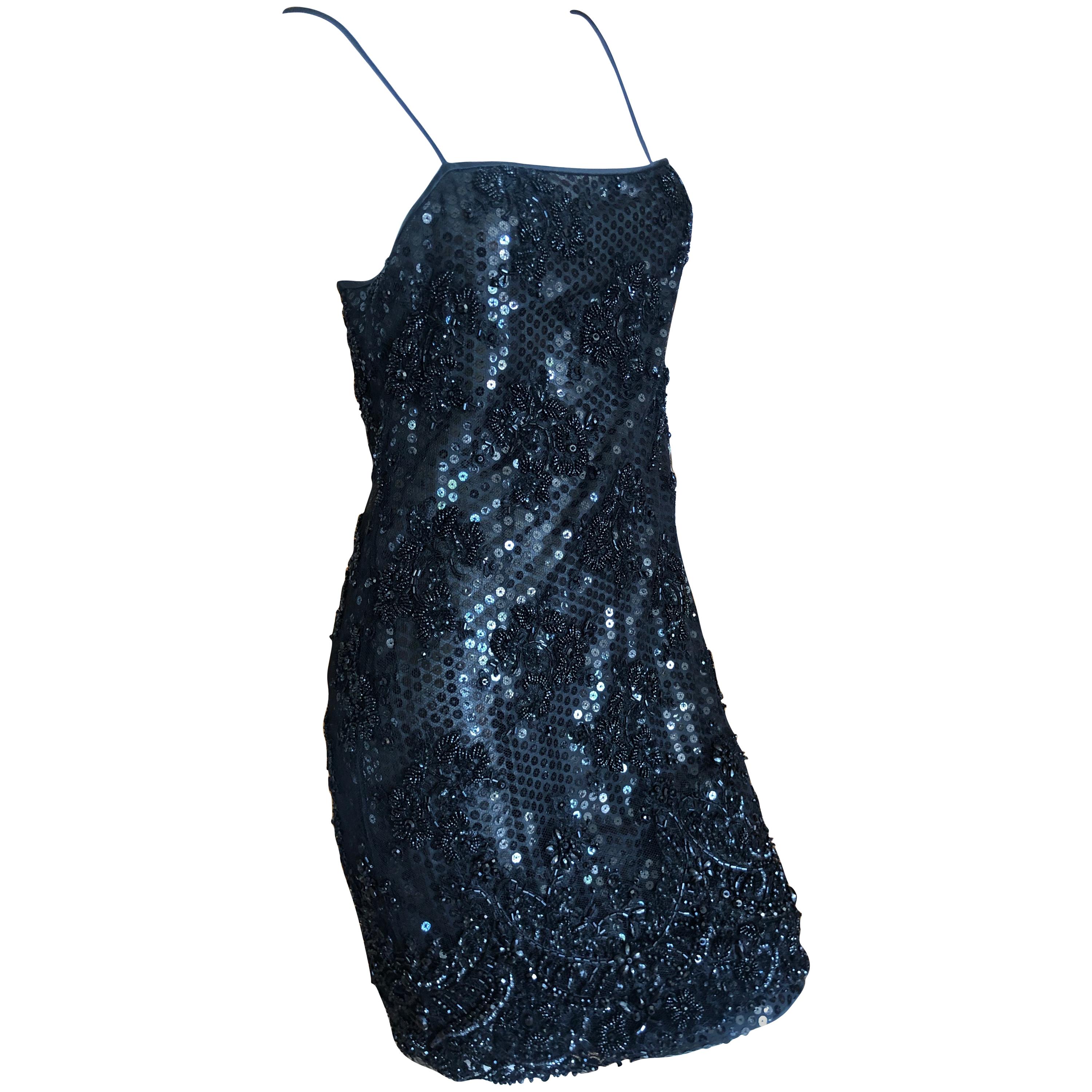  Galanos Superb Sequin and Hand Beaded Lace Little Black Mini Dress For Sale