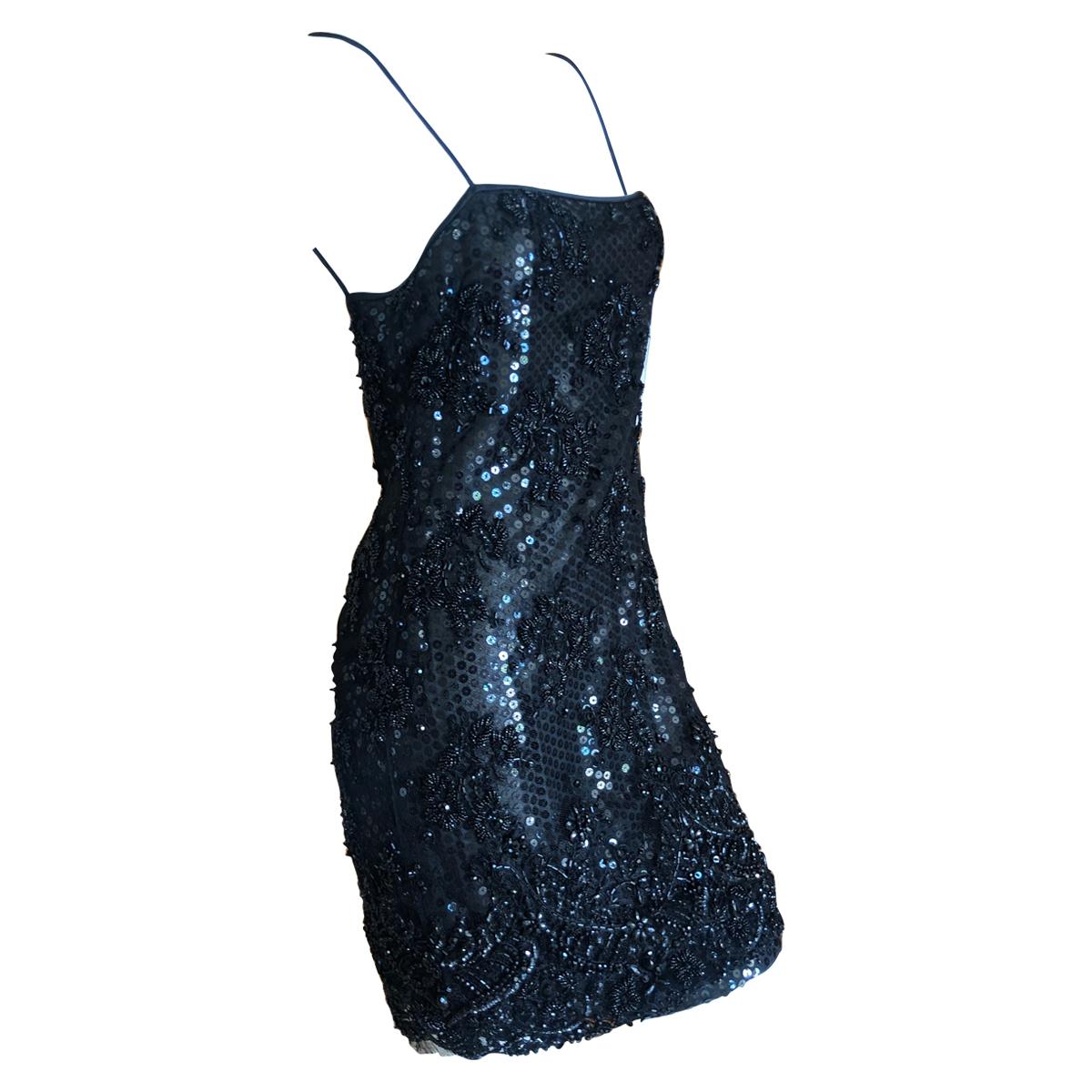  Galanos Superb Sequin and Hand Beaded Lace Little Black Mini Dress