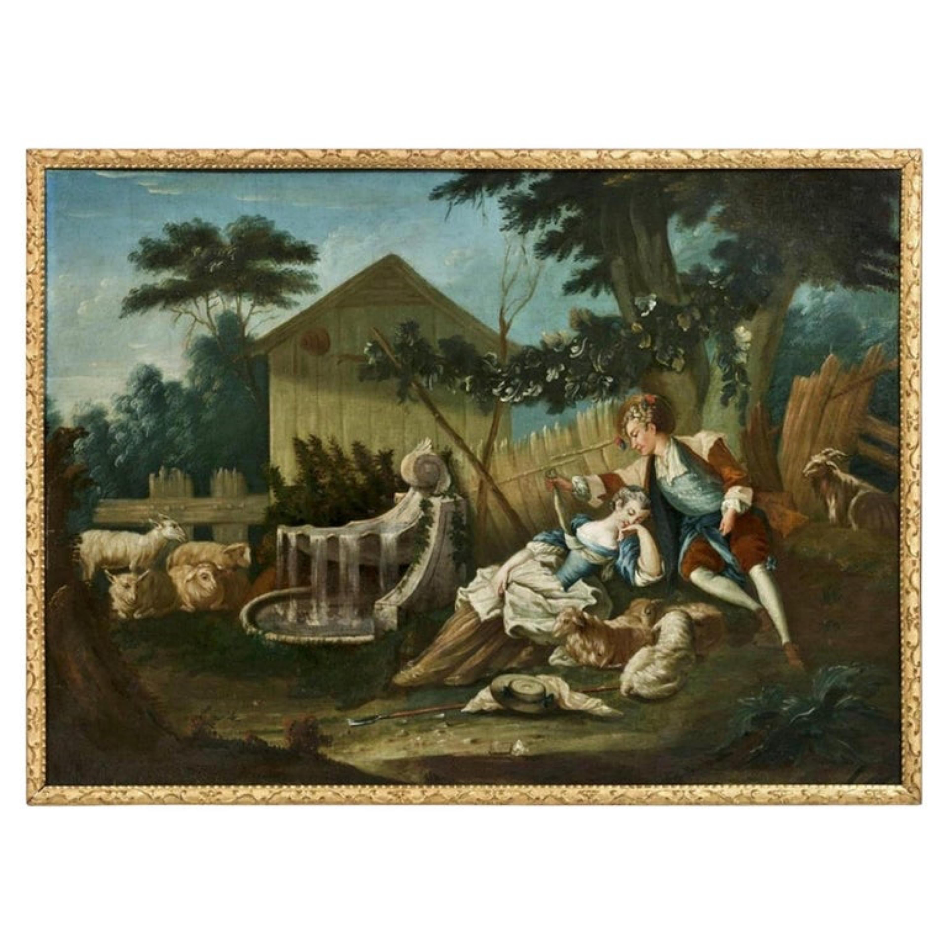 Huilé « Scène de Galant », huile sur toile, école française, 18e siècle en vente