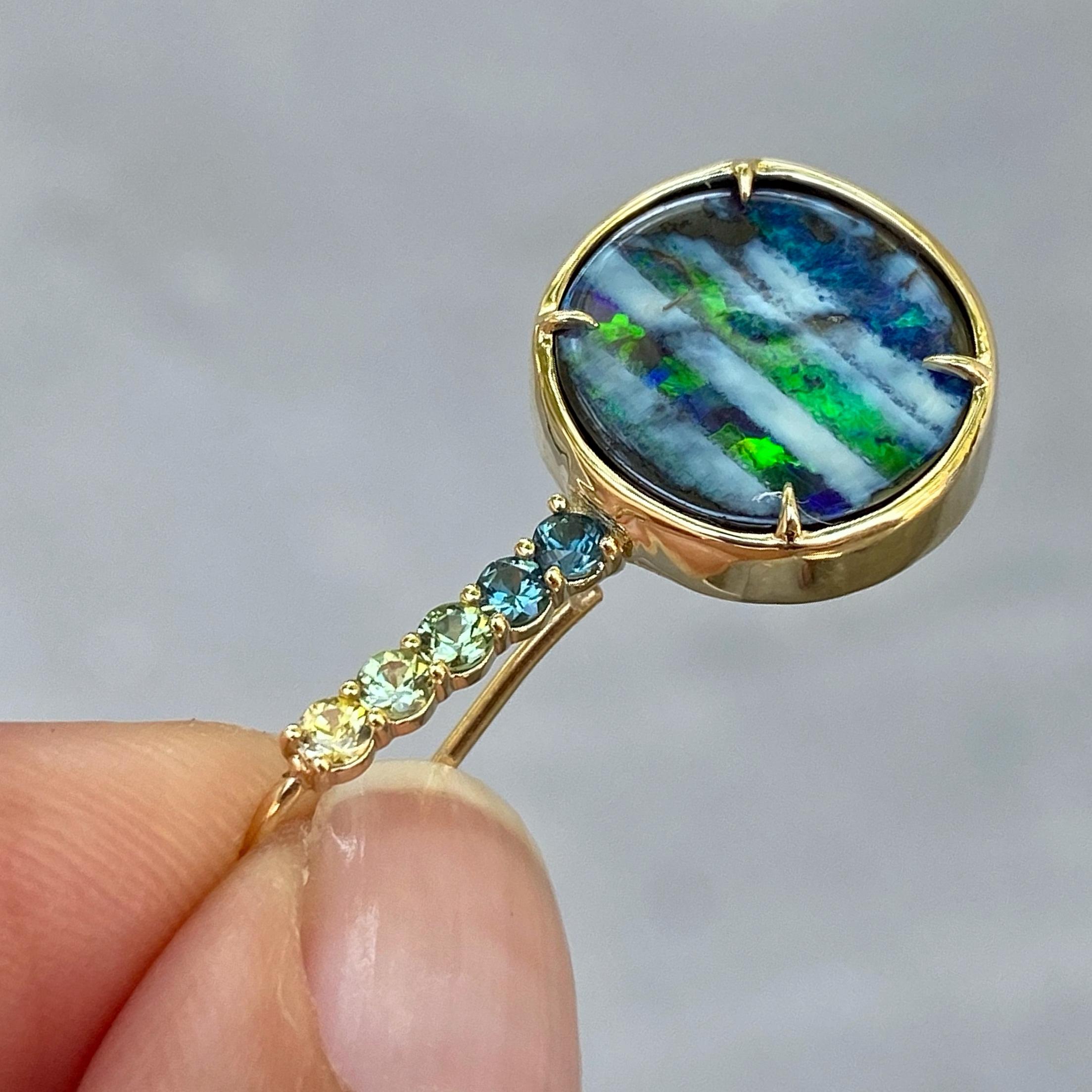 Brilliant Cut Galapagos Green Sapphire Opal Drop Earrings in 14k Gold by NIXIN Jewelry For Sale