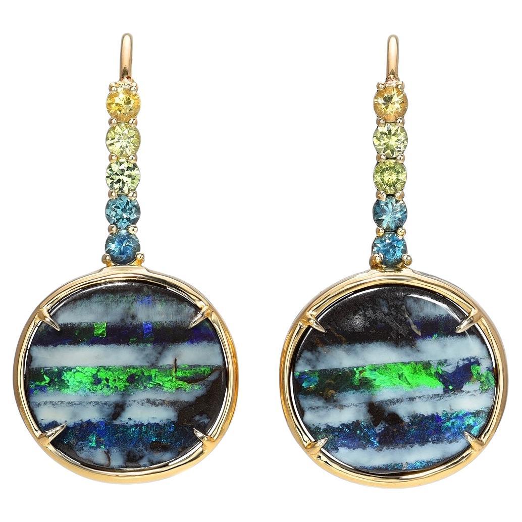Galapagos Green Sapphire Opal Drop Earrings in 14k Gold by NIXIN Jewelry For Sale